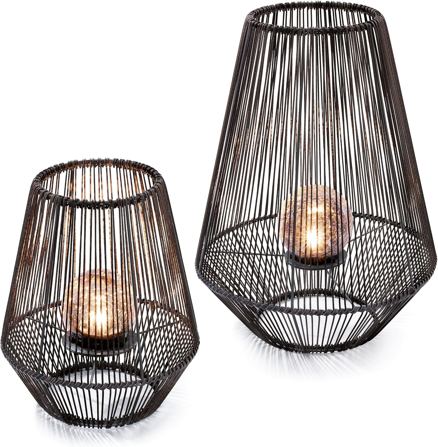 Esotec 2er Set Solar Windlichter Ilona, Crackle Ball Bruchglas Leuchtkugel, Dekoleuchte, Polyrattan Solarlampen, Metall, IP44, wetterfest, aussen, schwarz, 102209