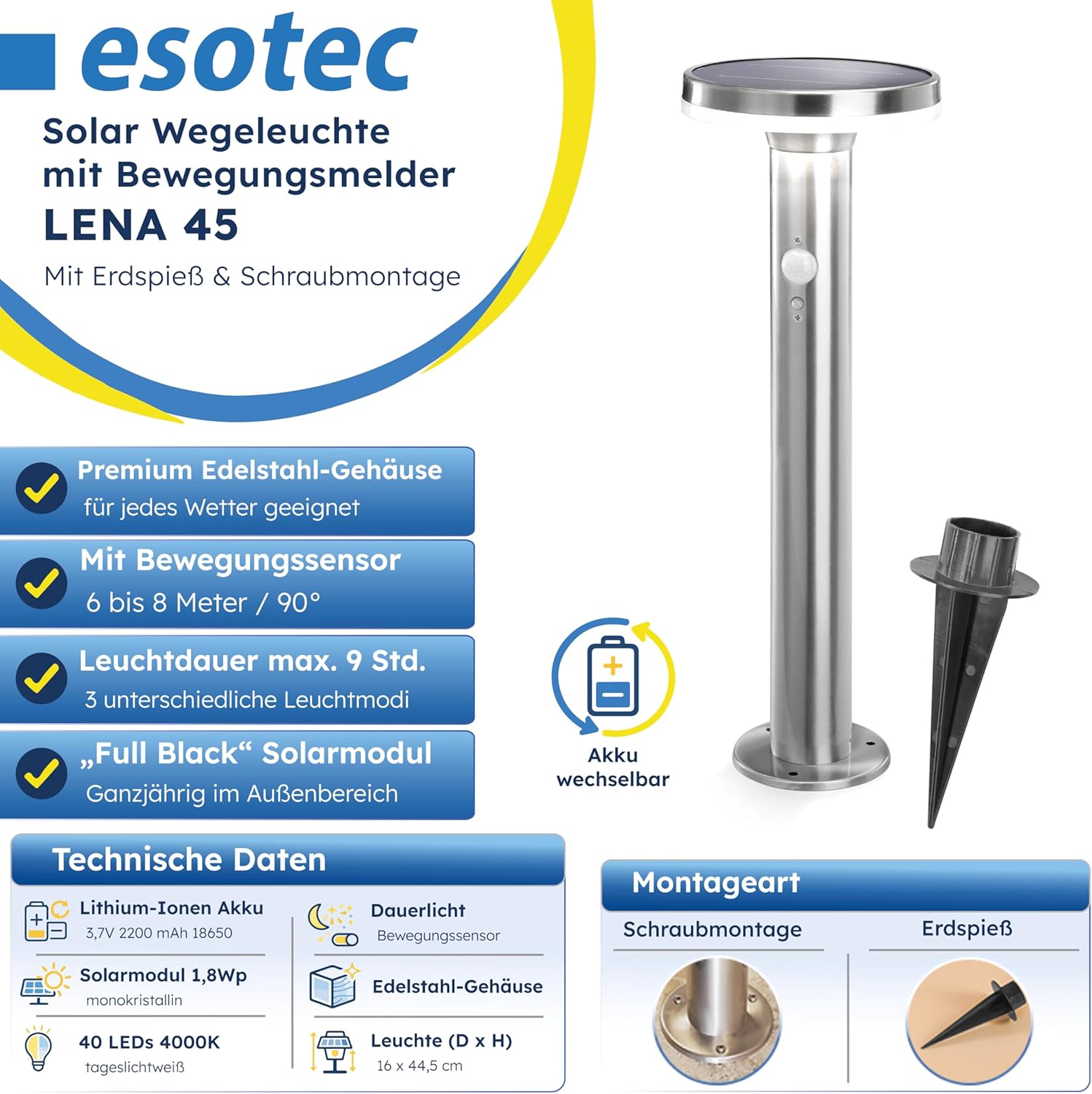 esotec Außenlampe mit Bewegungsmelder Solar LENA, Solar Wegeleuchte Edelstahl, Pollerleuchte Garten, 600lm, 3 Modi, 4000K, H=44,5cm, 102594 — Ansicht 2