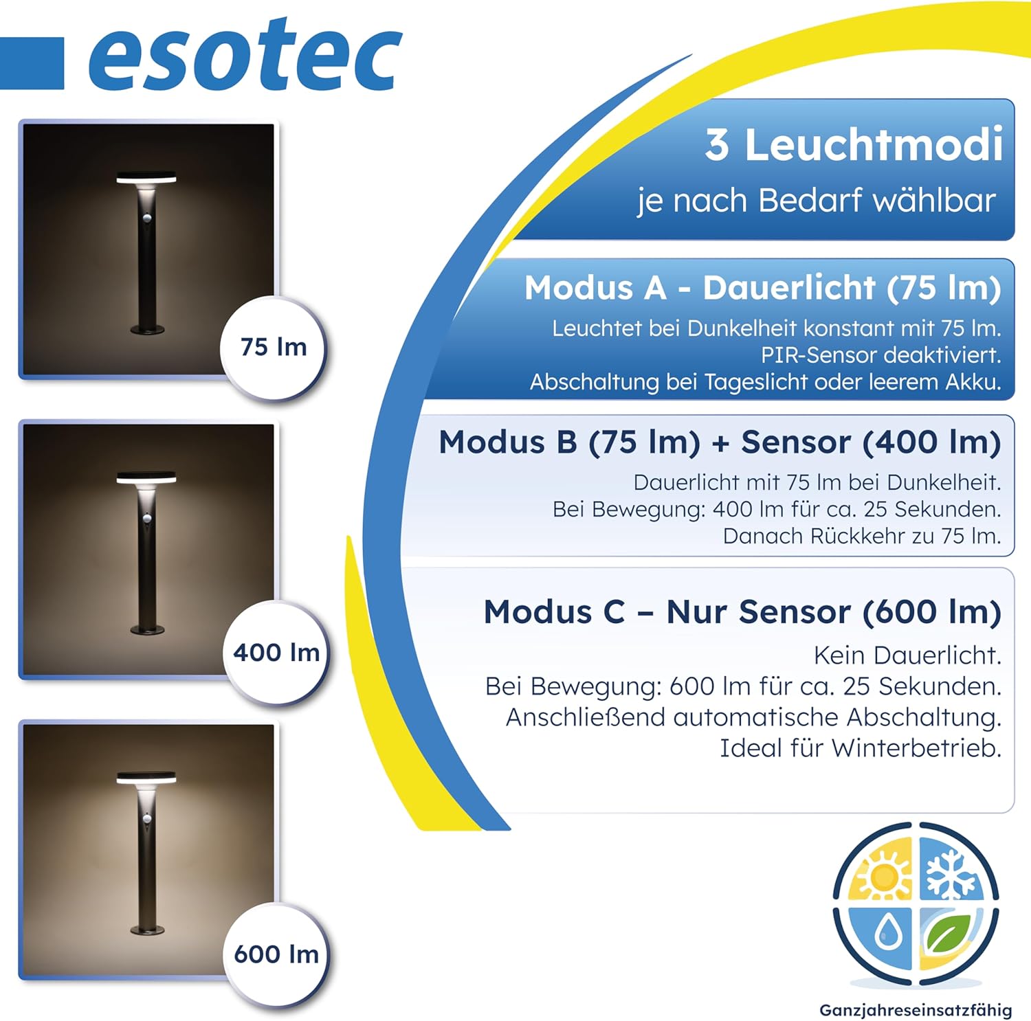 esotec Außenlampe mit Bewegungsmelder Solar LENA, Solar Wegeleuchte Edelstahl, Pollerleuchte Garten, 600lm, 3 Modi, 4000K, H=44,5cm, 102594 — Ansicht 3