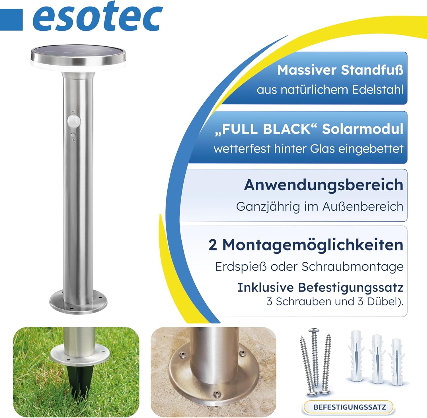 esotec Außenlampe mit Bewegungsmelder Solar LENA, Solar Wegeleuchte Edelstahl, Pollerleuchte Garten, 600lm, 3 Modi, 4000K, H=44,5cm, 102594 — Ansicht 5