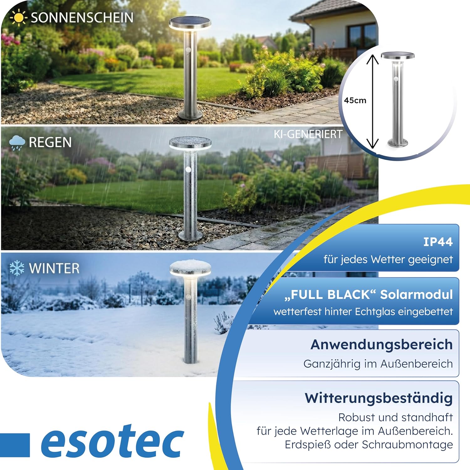 esotec Außenlampe mit Bewegungsmelder Solar LENA, Solar Wegeleuchte Edelstahl, Pollerleuchte Garten, 600lm, 3 Modi, 4000K, H=44,5cm, 102594 — Ansicht 6