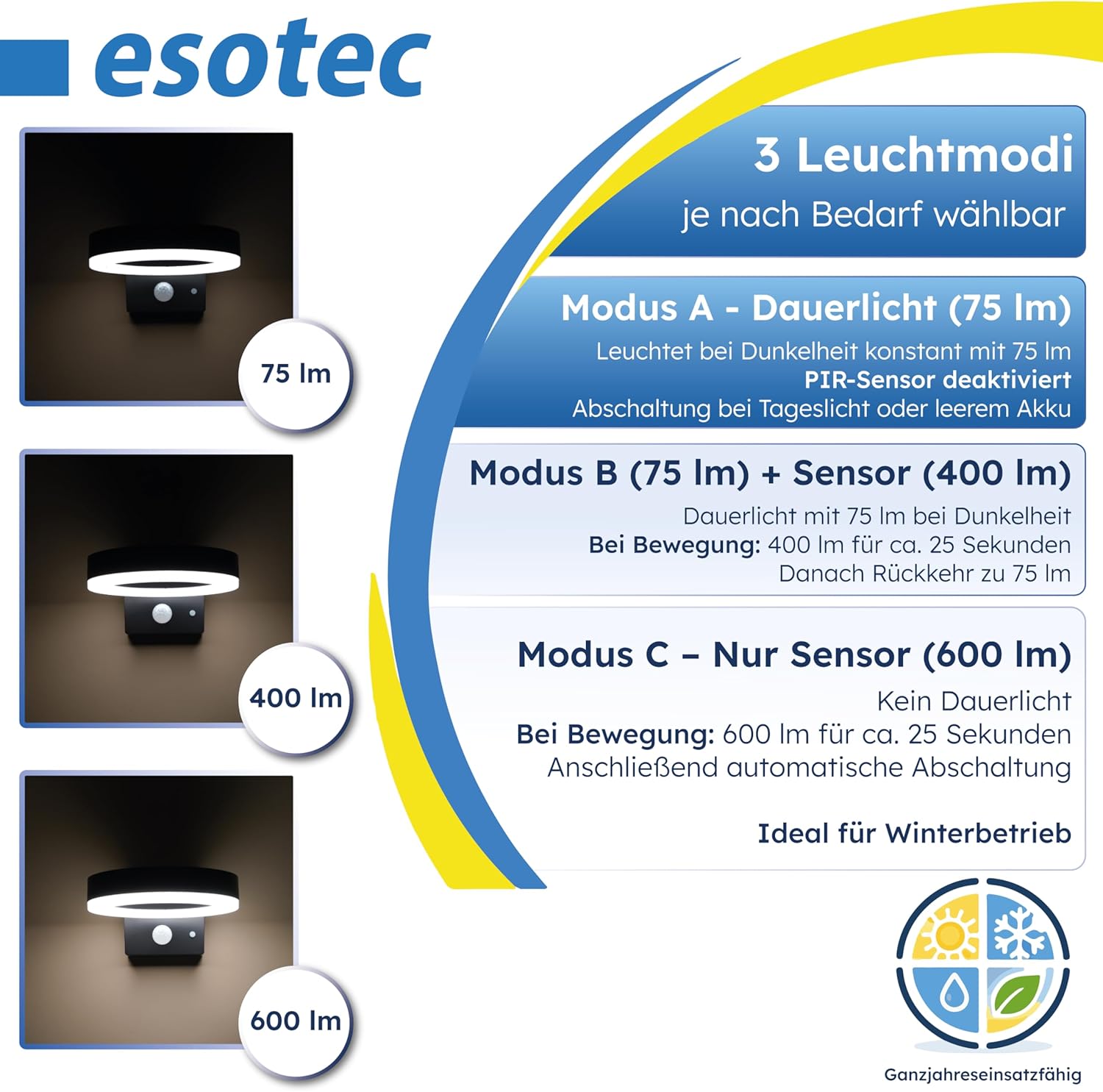 esotec Außenleuchte mit Bewegungsmelder Solar Diana, Solar Wandleuchte, Wandlampe außen, Gartenbeleuchtung, 600lm, 3 Modi, 4000K, IP44, 102598 — Ansicht 3
