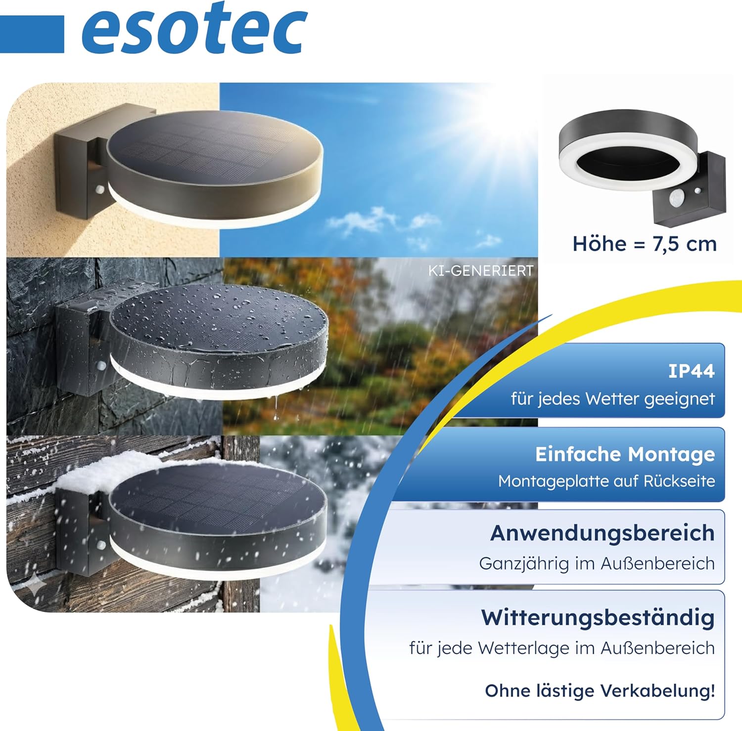 esotec Außenleuchte mit Bewegungsmelder Solar Diana, Solar Wandleuchte, Wandlampe außen, Gartenbeleuchtung, 600lm, 3 Modi, 4000K, IP44, 102598 — Ansicht 6