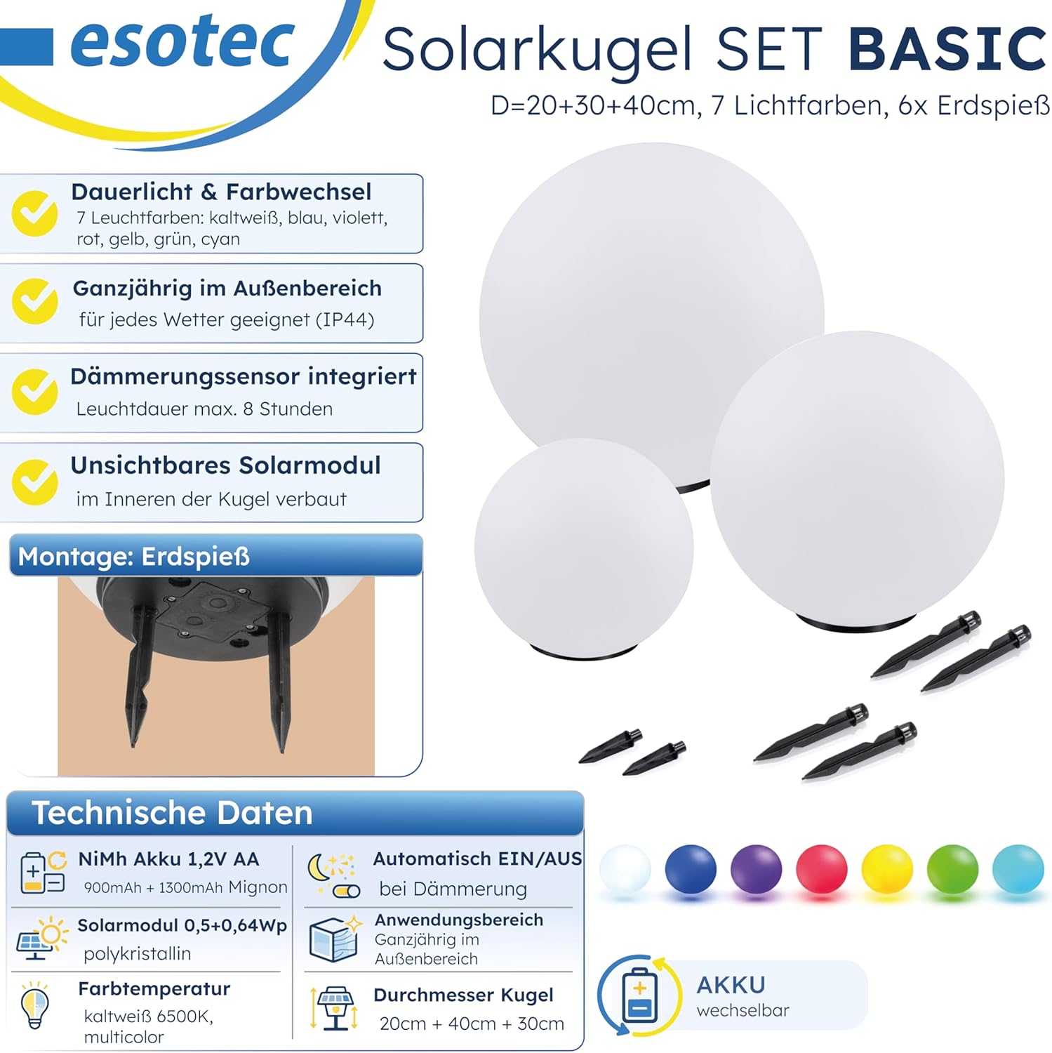 Esotec Gartenleuchtkugel Solarkugeln Basic, multicolor, 3er Set, 20+30+40cm, Farbwechsel, 20+30+40cm, Akku, Solarmodul, Außenbeleuchtung, Gartendeko Wegeleuchte 102614 — Ansicht 3