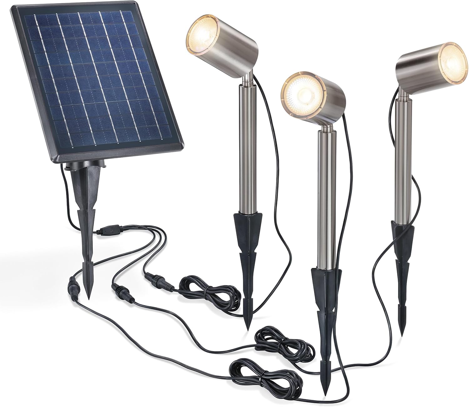 Esotec Premium Strahler PowerTrio, 3er-Set, Edelstahl, Duo Color 3000K 6000K, Solarmodul, Erdspieß, Akku, LED Spot Solarstrahler, Teichbeleuchtung, Spotlight, Metall, IP54, außen, wetterfest, 102705