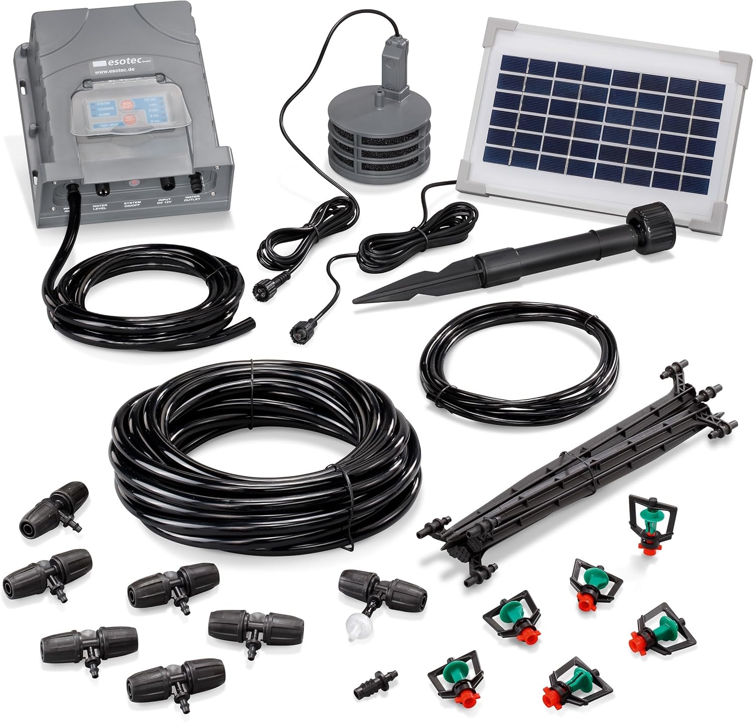 Esotec Solar Bewässerungssystem WaterSprinkle Professional, Sprinklersystem, 6 Sprinkler, Sprinkleranlage, Gartensprinkler, automatische Pflanzenbewässerung, Hochbeet, Gewächshaus, Garten, 101121