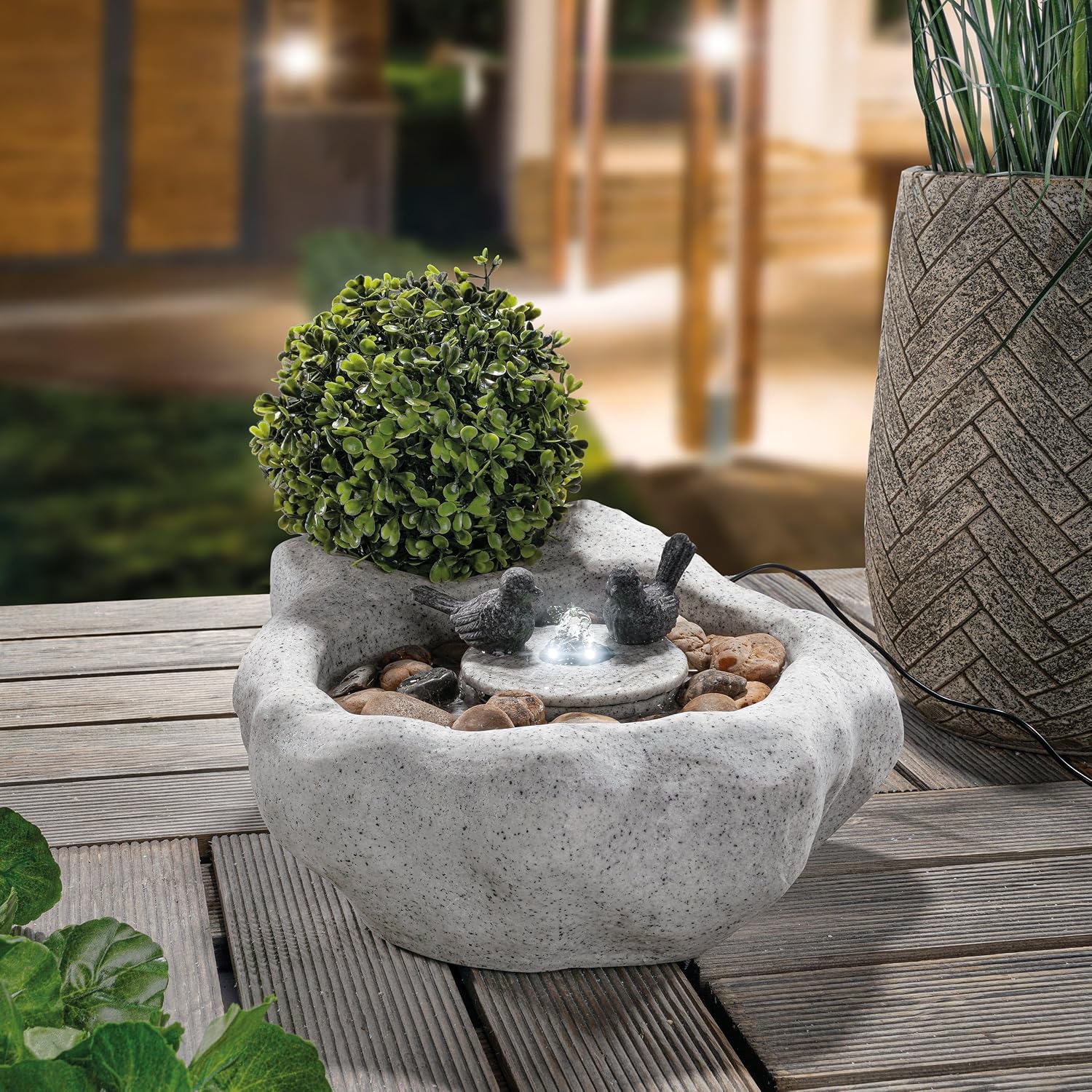 esotec Solar-Brunnen Vogelbadbrunnen mit Akku & LED & Pumpe, Solar Gartenbrunnen mit Vogeltränke, Wasserspiel Outdoor, 42x32x17cm, 101319 — Ansicht 2