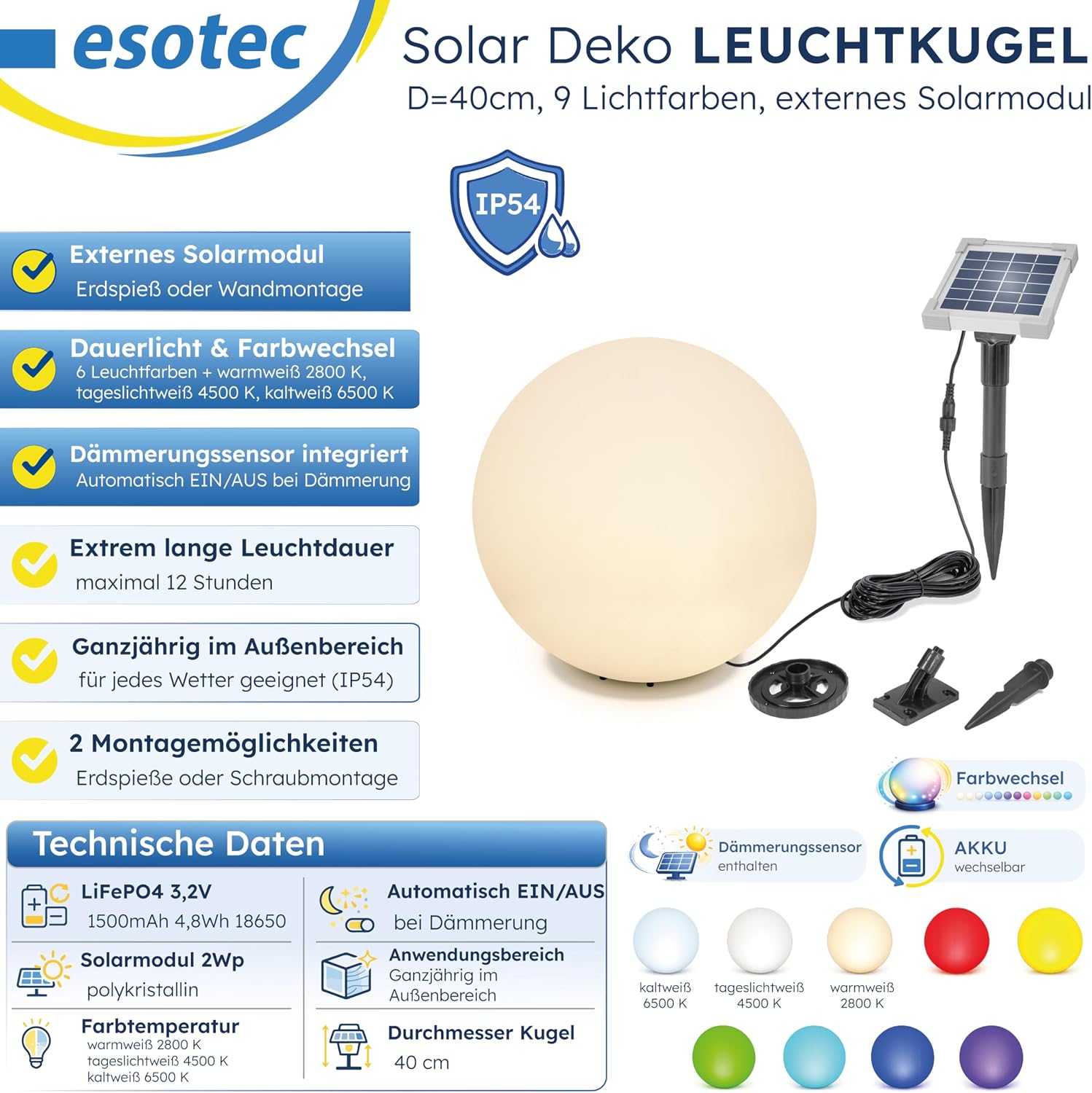 Esotec Solar Deko-Leuchtkugel, 40cm, 9 Leuchtfarben, Dauer oder Wechsellicht, Akku, Solarmodul, Erdspieß, Solarmodul-Wandhalterung, Schraubbefestigung, Solarkugel, winterfest 106111 — Ansicht 3