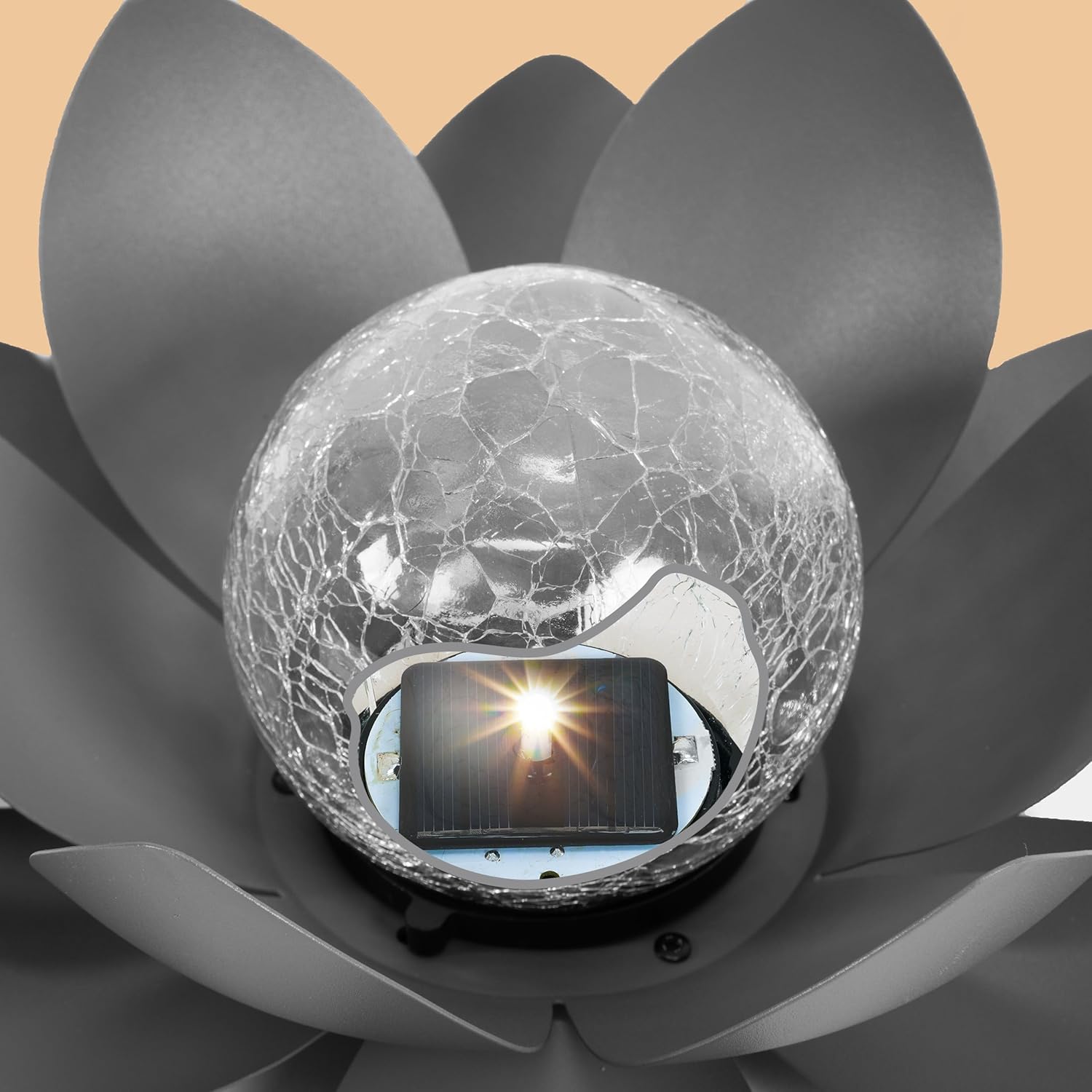 Esotec Solar Dekoleuchte Lotusblüte, 2er Set, Echtglas Crackle Bruchglas, Solarkugel, Solarleuchte, Gartenliebhaber Geschenk, Gartenkugel, 2700K warmweiß, Metallblätter, IP44, außen, outdoor, 102087 — Ansicht 6