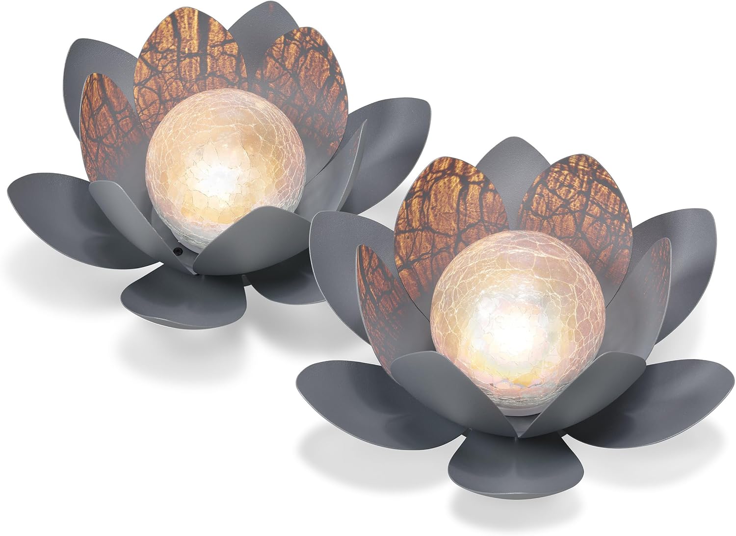 Esotec Solar Dekoleuchte Lotusblüte, 2er Set, Echtglas Crackle Bruchglas, Solarkugel, Solarleuchte, Gartenliebhaber Geschenk, Gartenkugel, 2700K warmweiß, Metallblätter, IP44, außen, outdoor, 102087