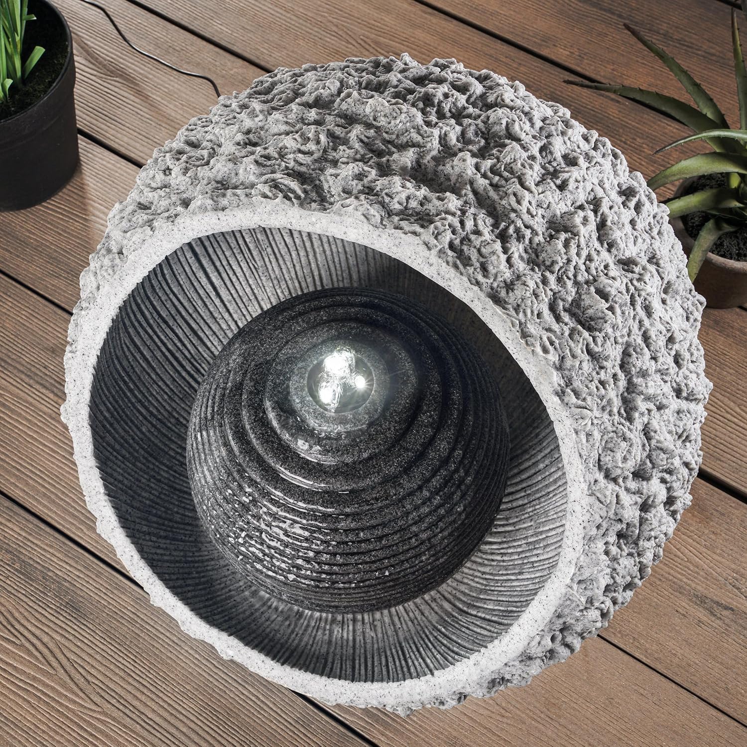esotec Solar Felssteinbrunnen mit Akku + LED-Licht + Pumpe, Solar Gartenbrunnen Wasserspiel Outdoor, Kaskadenbrunnen mit warmweiß/kaltweiß, H=40cm 101318 — Ansicht 3