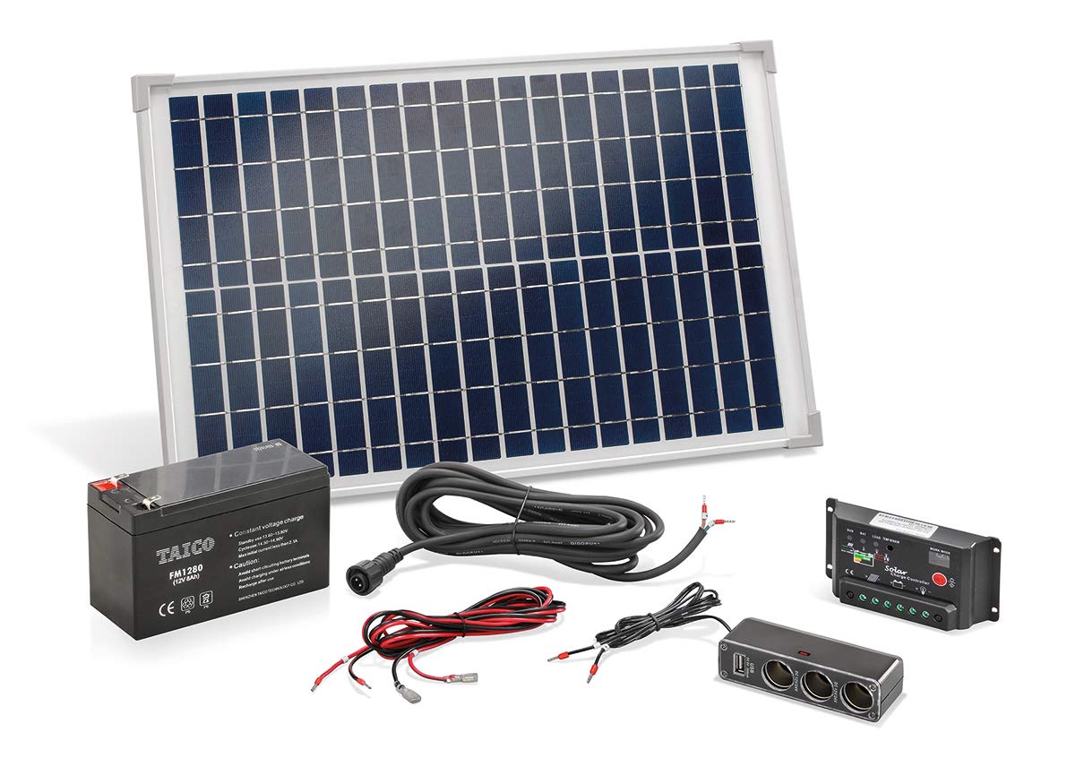 esotec Solar Inselsystem, Laderegler, kristallines Solarmodul 20Wp, Kabel, Akku, 12V 8Ah AGM-Akku, Mehrfachsteckdose mit USB Ladeanschluss, 120005
