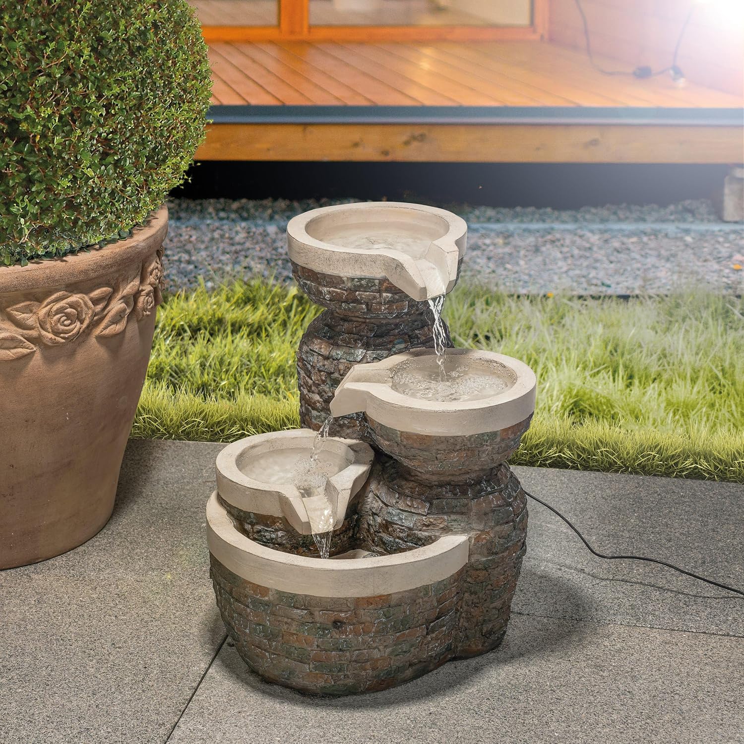 esotec Solar Kaskadenbrunnen Bowl Fountain, Direktbetrieb, Gartenliebhaber Geschenk, freistehender Springbrunnen für außen, Gartenbrunnen Quellstein, Wasserschale Wasserfall, grau H=42cm 101311 — Ansicht 2
