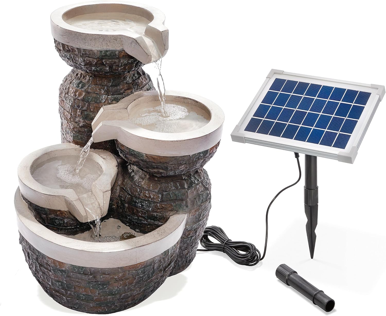 esotec Solar Kaskadenbrunnen Bowl Fountain, Direktbetrieb, Gartenliebhaber Geschenk, freistehender Springbrunnen für außen, Gartenbrunnen Quellstein, Wasserschale Wasserfall, grau H=42cm 101311
