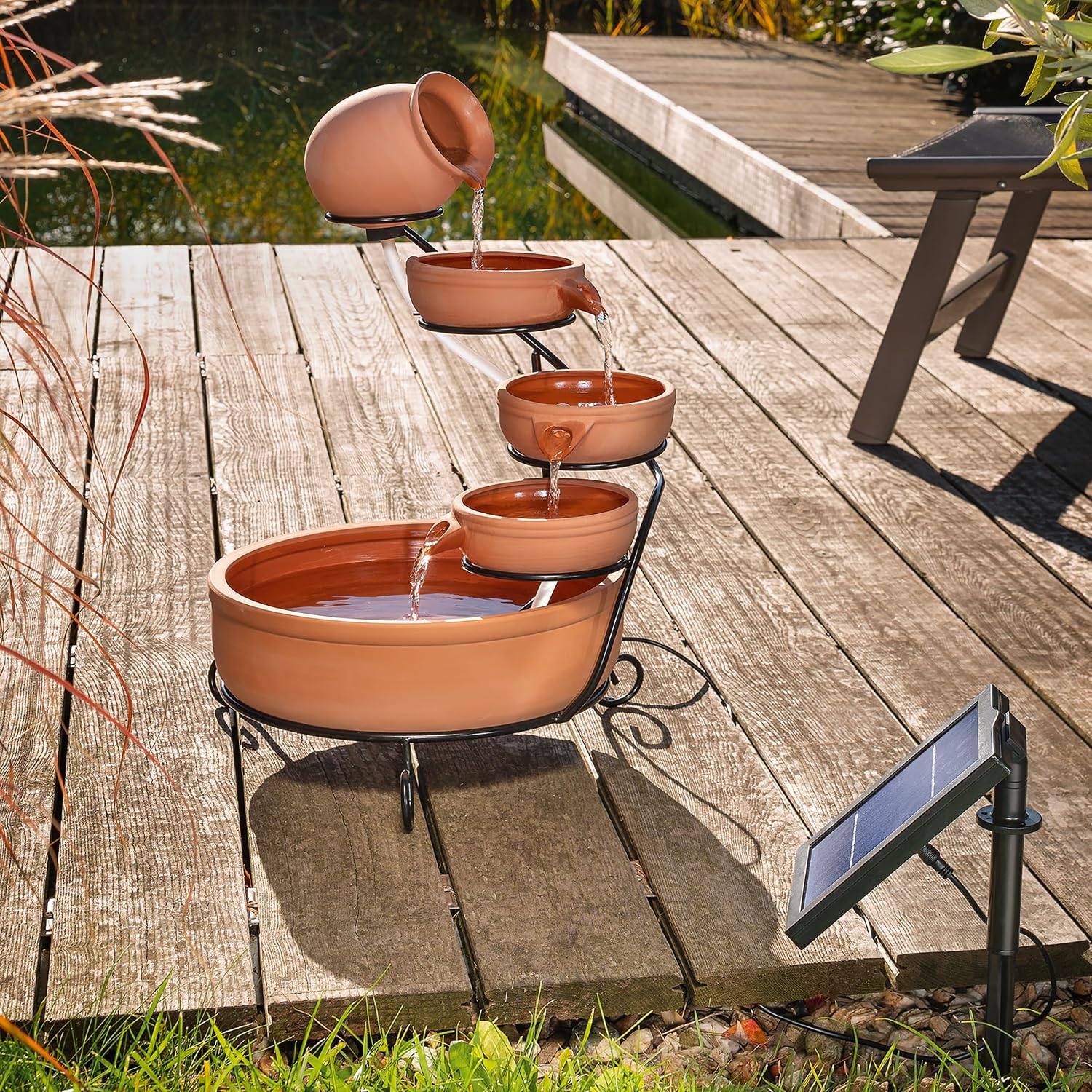 esotec Solar Kaskadenbrunnen Livorno, Keramik, Gartenliebhaber Geschenk, Springbrunnen außen, Gartenbrunnen Wasserspiel, Katzenbrunnen, Terrakotta braun H=55cm 101302 — Ansicht 2