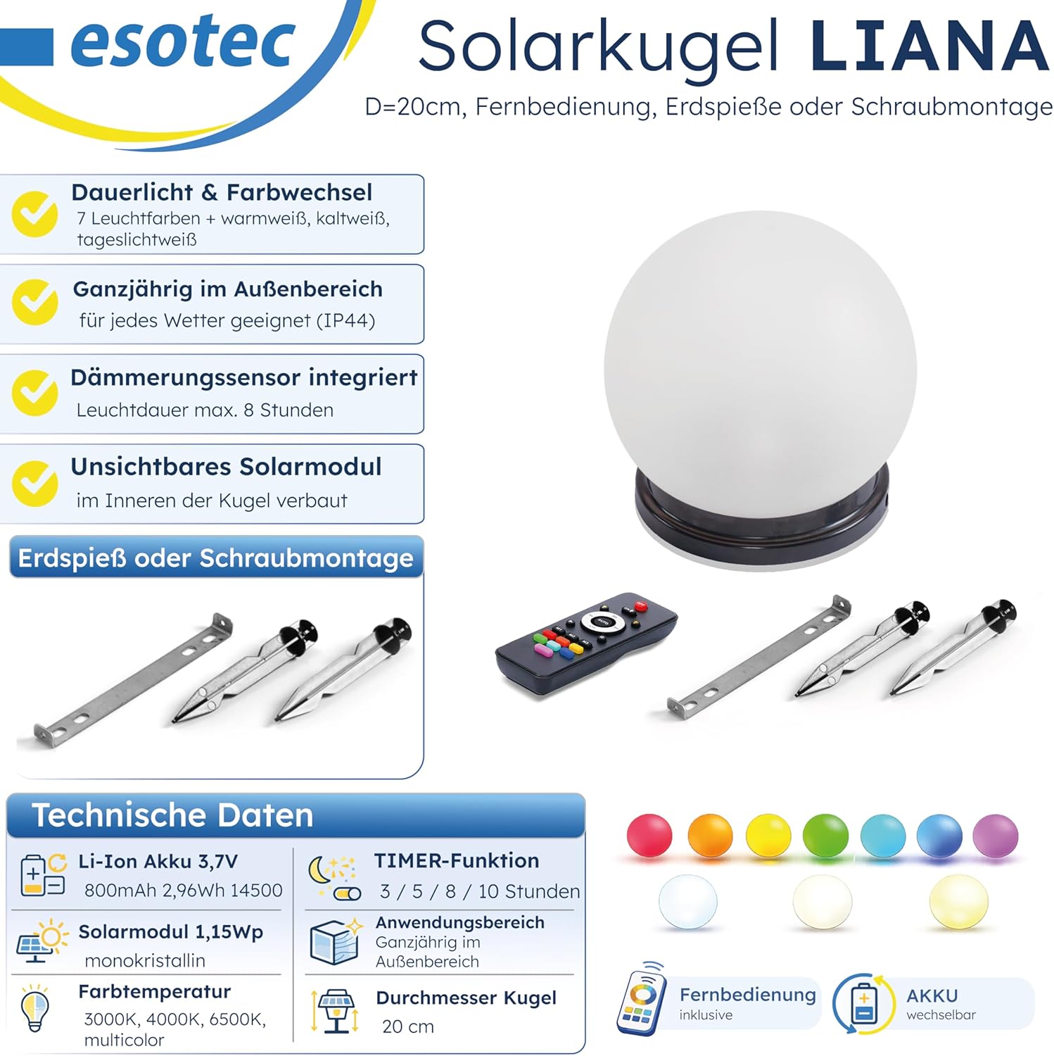 Esotec Solar Leuchtkugel Liana 20 CCT, multicolor, Fernbedienung, Li-Ion Akku, Erdspieß oder Schraubbefestigung, RGB LED Gartenkugel, Solarkugel, IP44, wetterfest, winterfest, außen, 20cm, 102638 — Ansicht 3