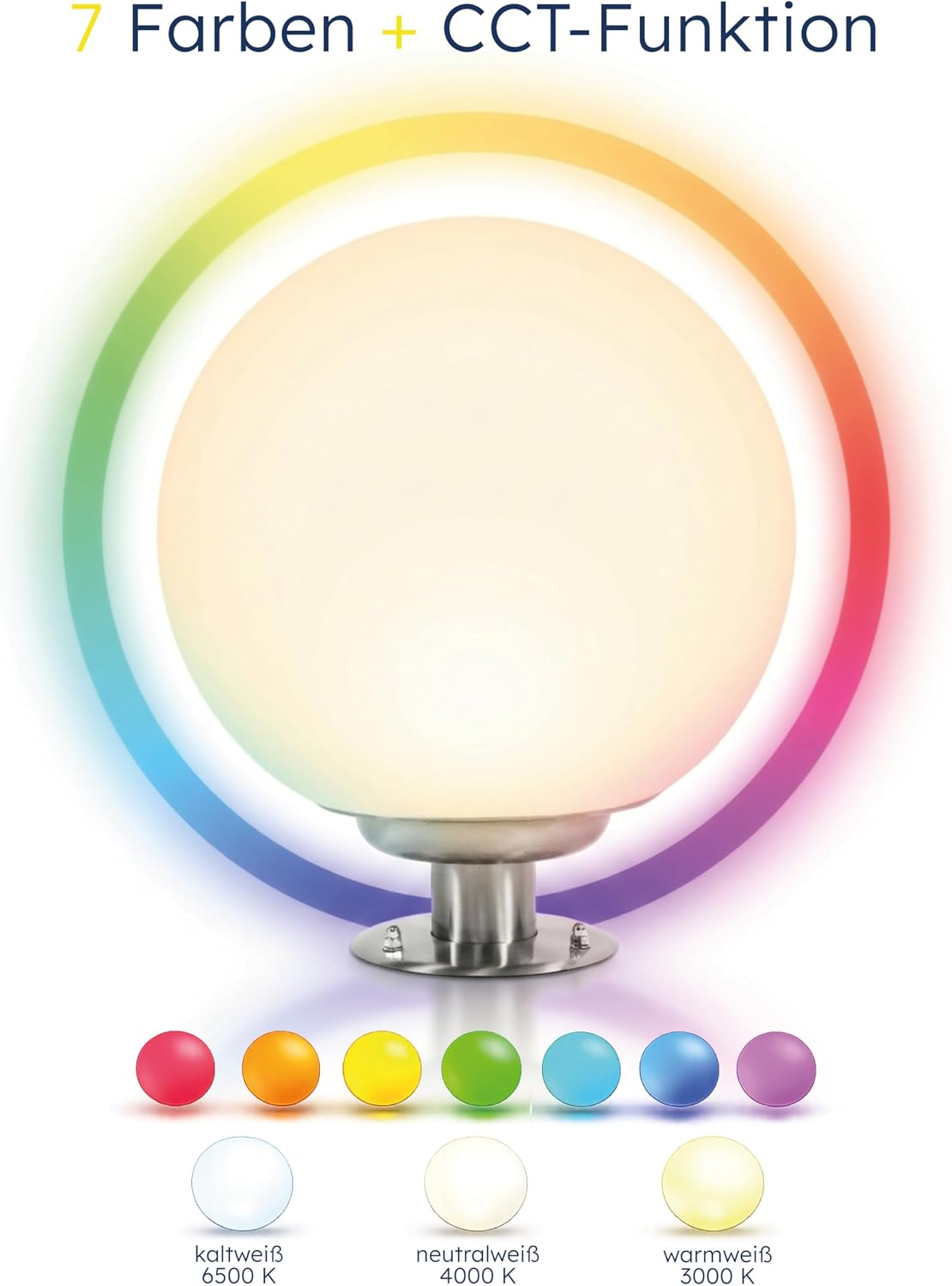 Esotec Solar Leuchtkugel Liana 40 CCT, Multicolor, Fernbedienung, Edelstahl Standfuß, Li-Ion Akku, RGB LED Gartenkugel, Solarkugel, IP44, wetterfest, Winterfest, außen, D=40cm, 102664 — Ansicht 4