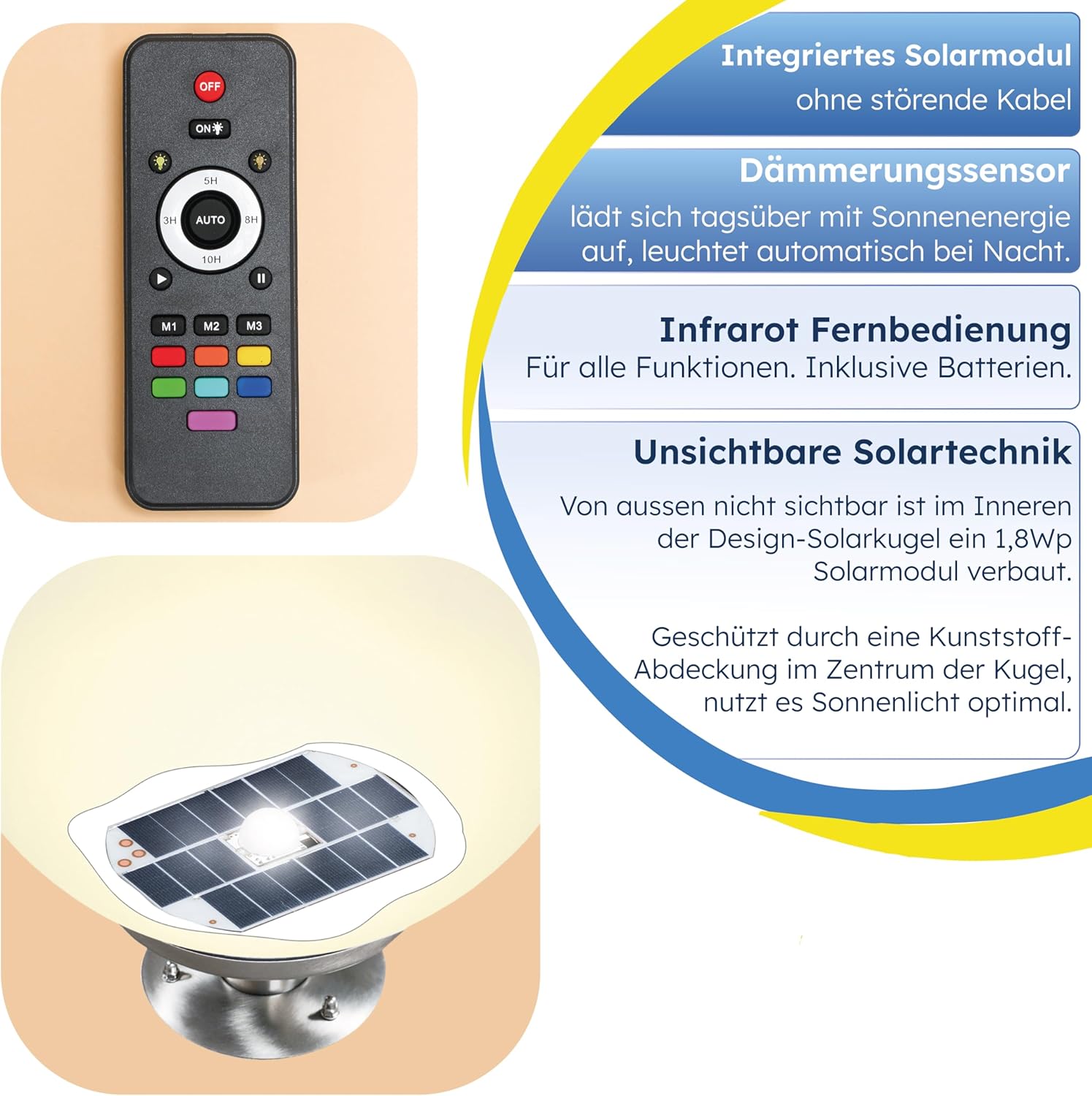 Esotec Solar Leuchtkugel Liana 40 CCT, Multicolor, Fernbedienung, Edelstahl Standfuß, Li-Ion Akku, RGB LED Gartenkugel, Solarkugel, IP44, wetterfest, Winterfest, außen, D=40cm, 102664 — Ansicht 6