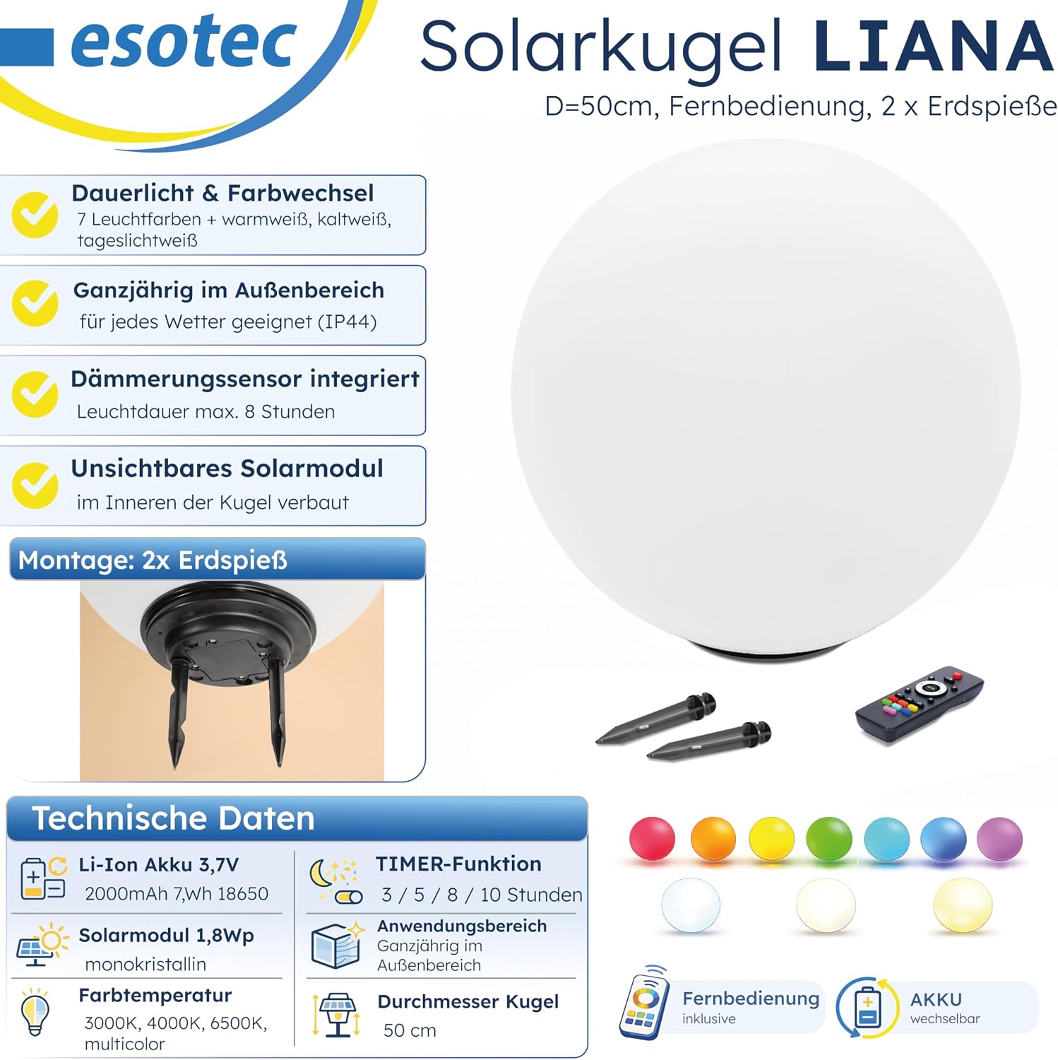 Esotec Solar Leuchtkugel Liana 50 CCT, multicolor, Fernbedienung, 2x Erdspieße, Li-Ion Akku, RGB LED Gartenkugel, Solarkugel, IP44, wetterfest, winterfest, außen, D=50cm, 102642 — Ansicht 3