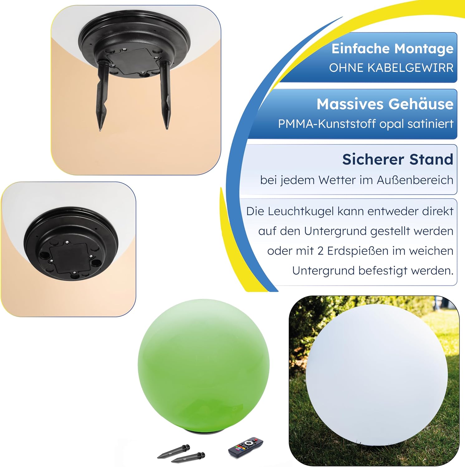 Esotec Solar Leuchtkugel Liana 50 CCT, multicolor, Fernbedienung, 2x Erdspieße, Li-Ion Akku, RGB LED Gartenkugel, Solarkugel, IP44, wetterfest, winterfest, außen, D=50cm, 102642 — Ansicht 6