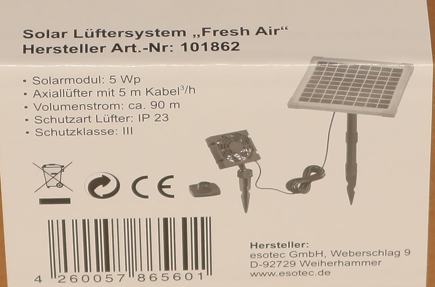 esotec Solar Lüfterset FreshAir, 18V/DC 5W, Luftstrom 90m3, Solarventilator Belüftungsset, Ventilator Gewächshaus, Lüftersystem, Lüfter 92x92mm, 101862 — Ansicht 2