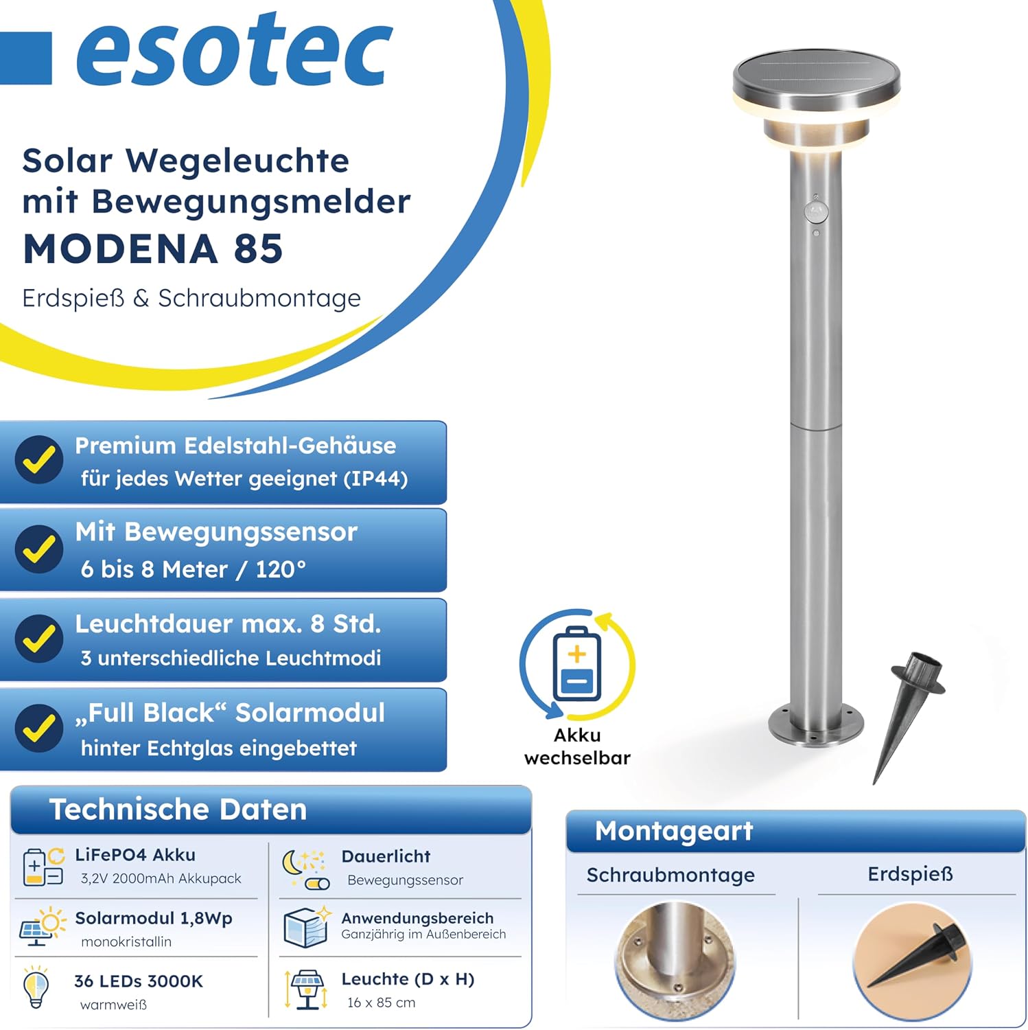 esotec Solar PIR Standleuchte Modena 85, Bewegungsmelder, 3 Leuchtmodi, Akku, LED Solarleuchte, Wegeleuchte, Gartenbeleuchtung, Metall, IP44, außen, wetterfest, silber, Höhe 85cm, 102755 — Ansicht 2