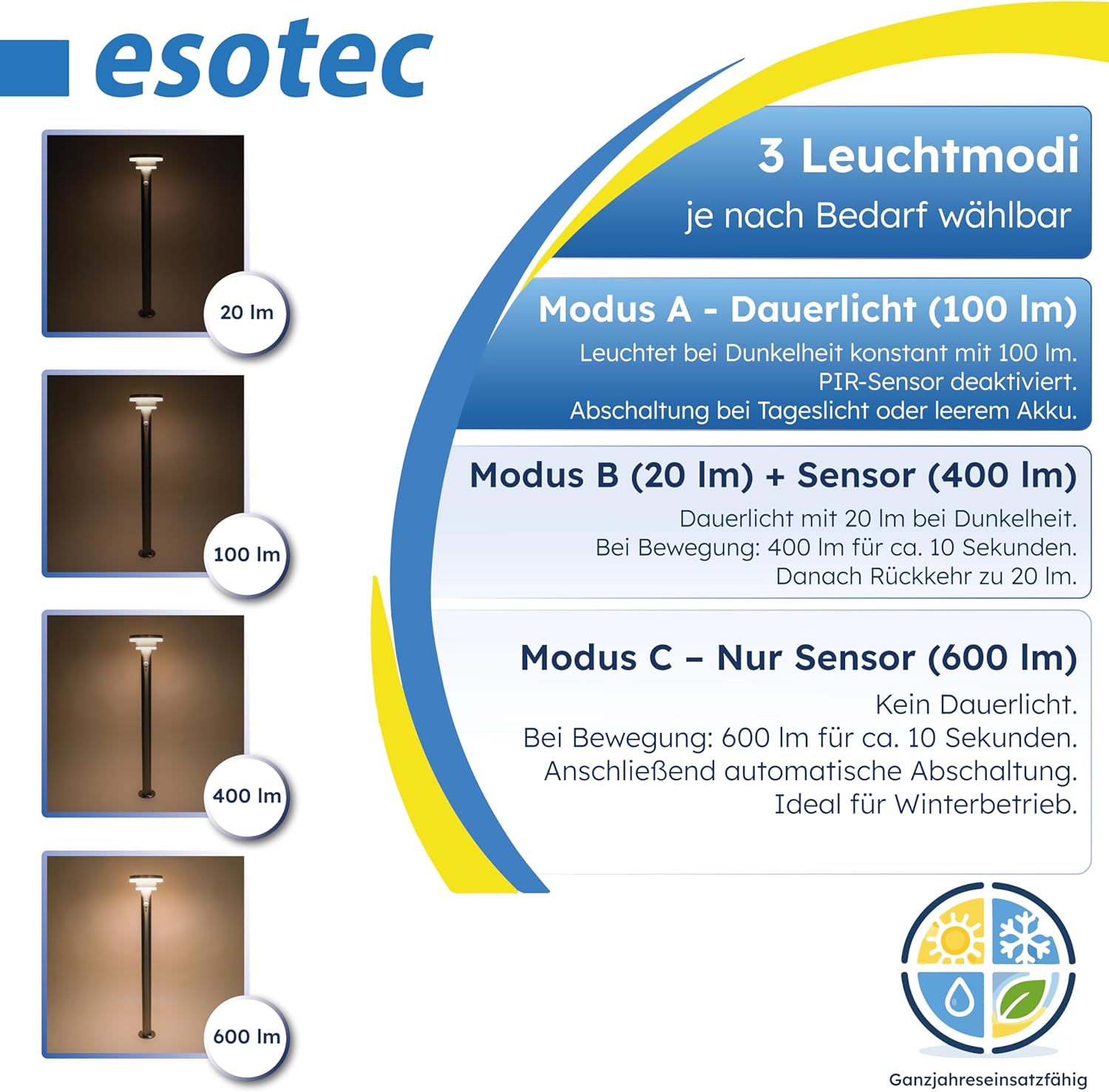 esotec Solar PIR Standleuchte Modena 85, Bewegungsmelder, 3 Leuchtmodi, Akku, LED Solarleuchte, Wegeleuchte, Gartenbeleuchtung, Metall, IP44, außen, wetterfest, silber, Höhe 85cm, 102755 — Ansicht 3