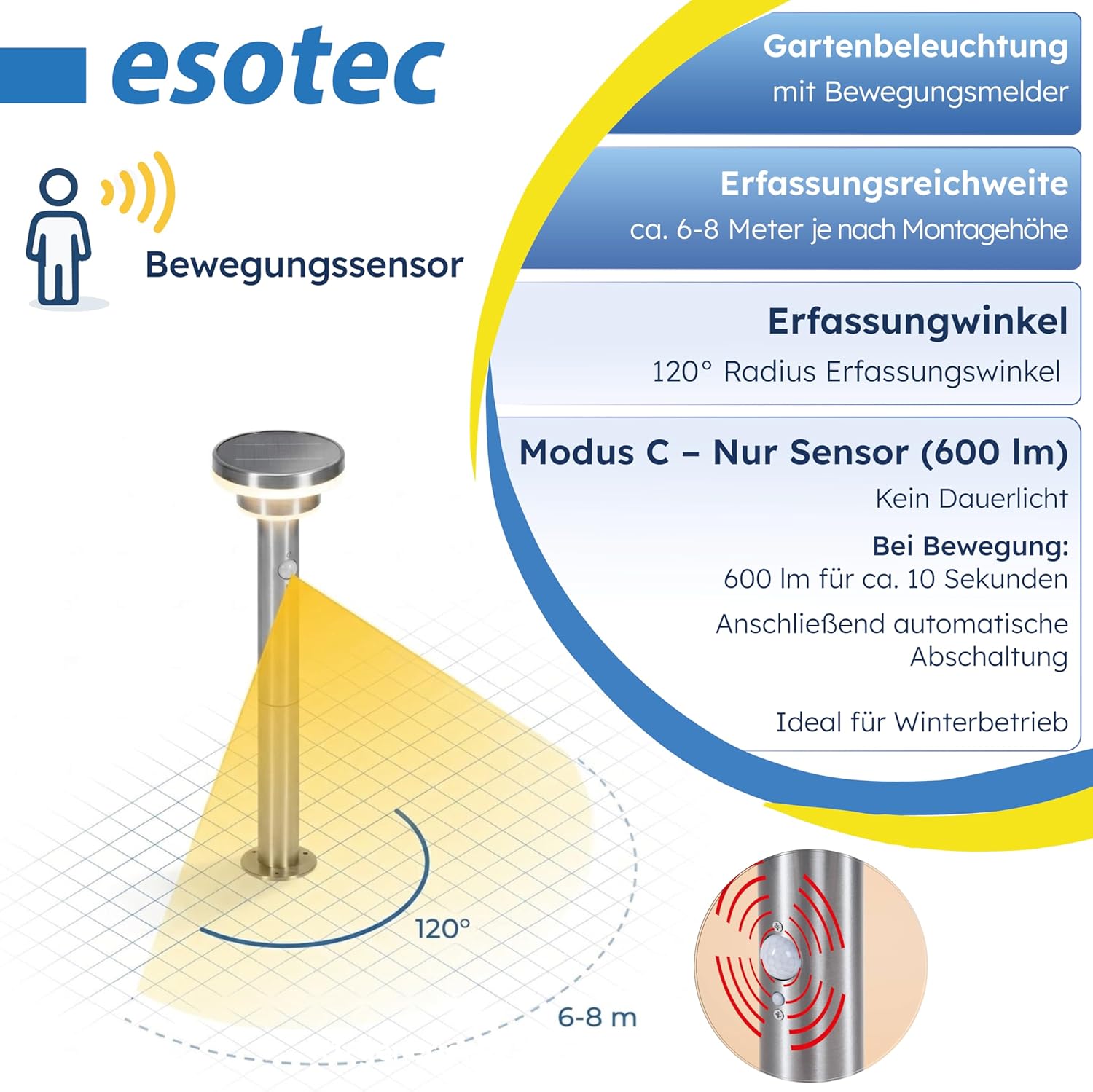 esotec Solar PIR Standleuchte Modena 85, Bewegungsmelder, 3 Leuchtmodi, Akku, LED Solarleuchte, Wegeleuchte, Gartenbeleuchtung, Metall, IP44, außen, wetterfest, silber, Höhe 85cm, 102755 — Ansicht 4