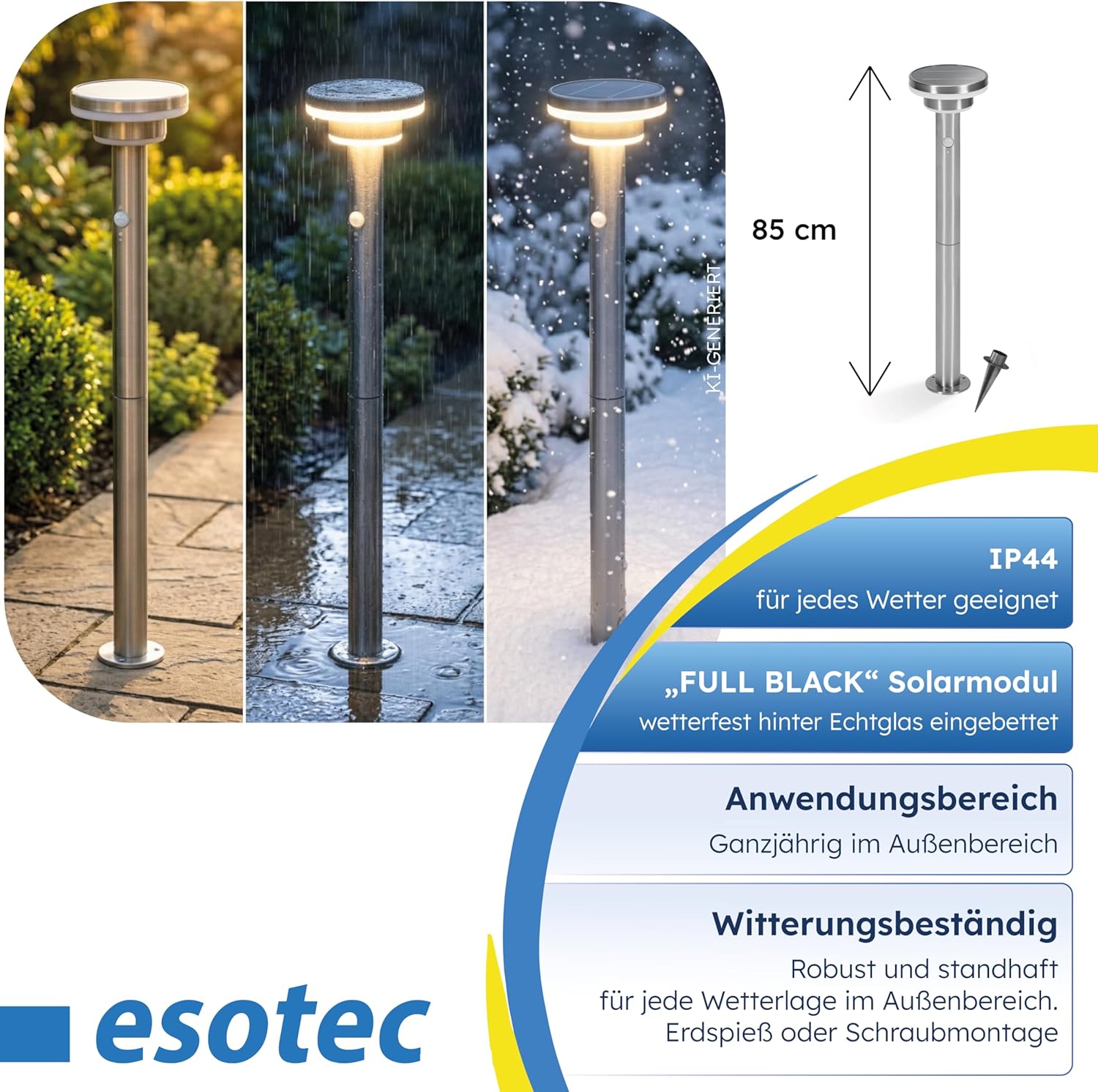 esotec Solar PIR Standleuchte Modena 85, Bewegungsmelder, 3 Leuchtmodi, Akku, LED Solarleuchte, Wegeleuchte, Gartenbeleuchtung, Metall, IP44, außen, wetterfest, silber, Höhe 85cm, 102755 — Ansicht 6