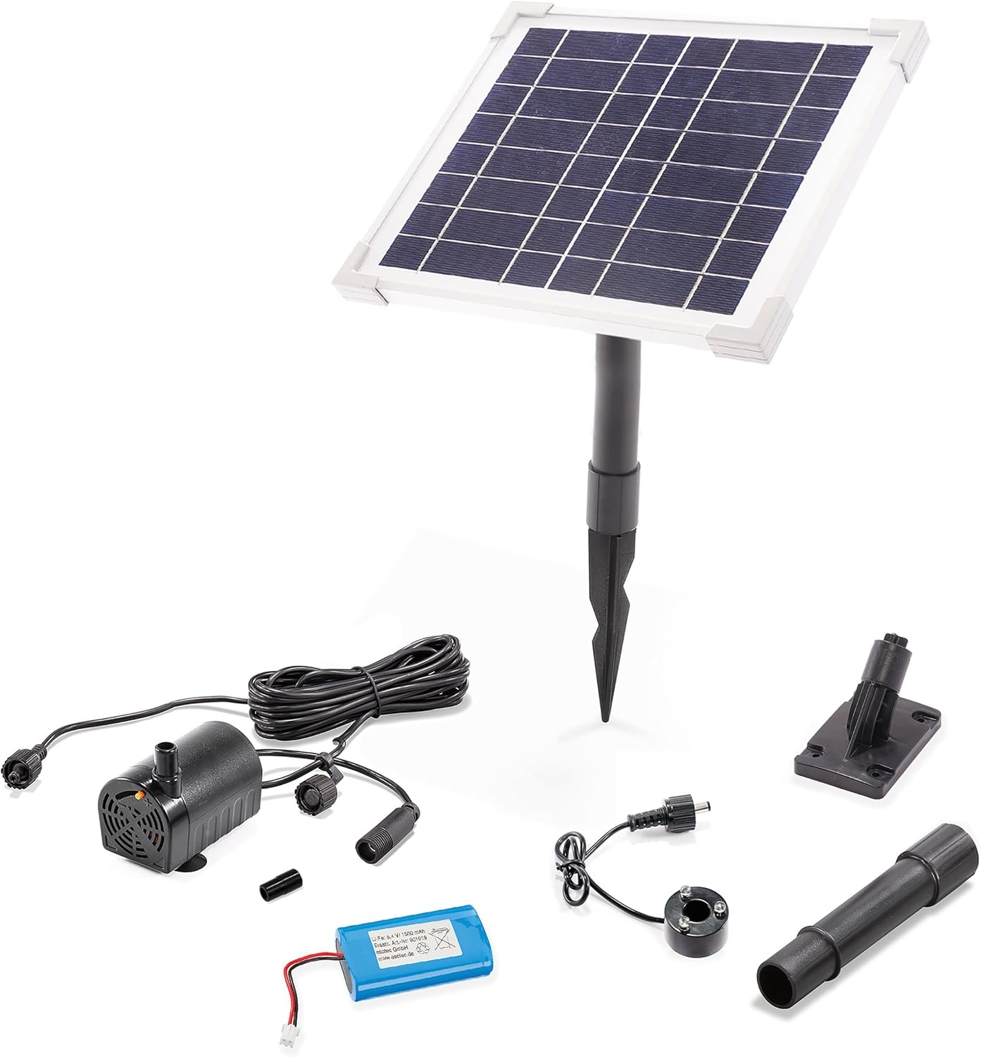 Esotec Solar Pumpenset 6/140 mit Akkuspeicher, Solarbrunnen mit LED-Licht, Solar-Pumpe 140l/h, LiFePO4 Akku, 6Wp Solarmodul 101921