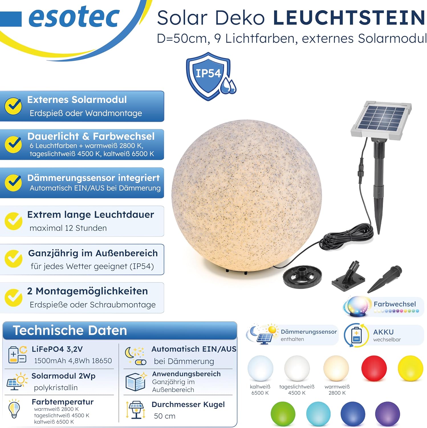 Esotec Solar Stein-Leuchtkugel, D=50cm, 9 Leuchtfarben, Dauer oder Wechsellicht, Akku, Solarmodul, Erdspieß, Solarmodul-Wandhalterung, Schraubbefestigung, Solarkugel, Solarstein, winterfest 106119 — Ansicht 3