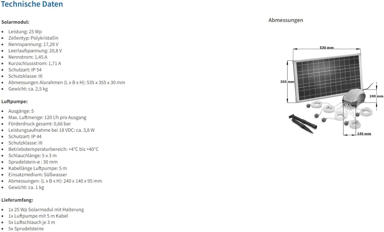 Esotec Solar Teichbelüfter 25/600 Professional, 5x120l/h, Komplettset, Belüftungspumpe, Sauerstoffpumpe, 5 Luftausgänge, Teichpumpe, Luftpumpe für Gartenteich, Teich-Zubehör, 101076 — Ansicht 5