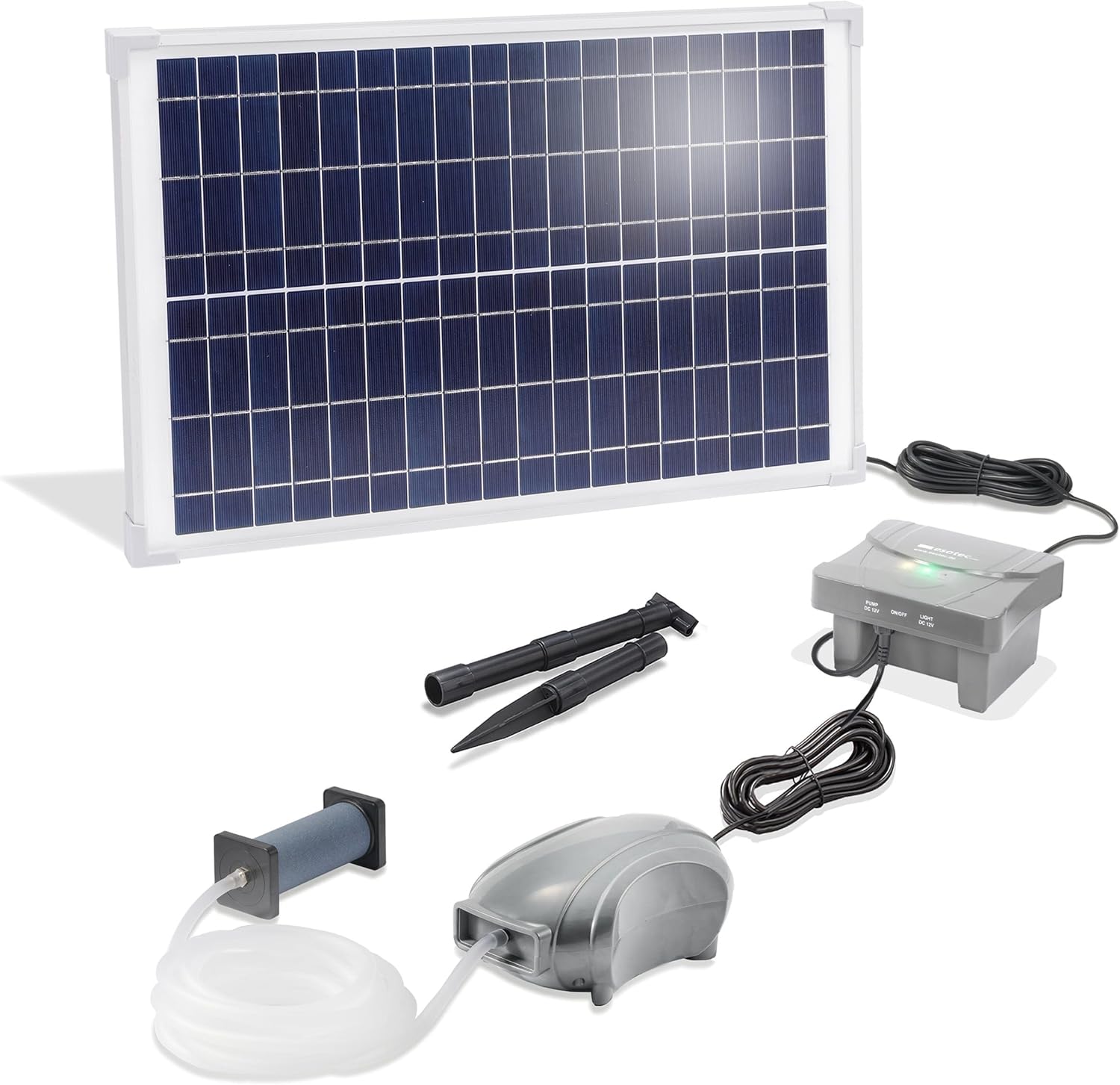 Esotec Solar Teichbelüfter Set 25/600, LiFePO4 Akku, 12,8V/DC Sauerstoffpumpe, 600 l/h Luftleistung, Gartenteich Luftpumpe, Teichbelüftung, Solarpanel 25W, Erdspieß 101876