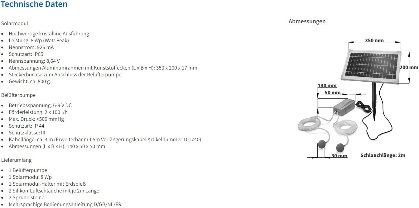 Esotec Solar Teichbelüfter Set 8/200, Sauerstoffpumpe 100 l/h Luftleistung pro Ausgang, Luftschlauch, Luftausströmer, Teichbelüftung, Solarmodul 8W, Erdspieß, 101845 — Ansicht 6