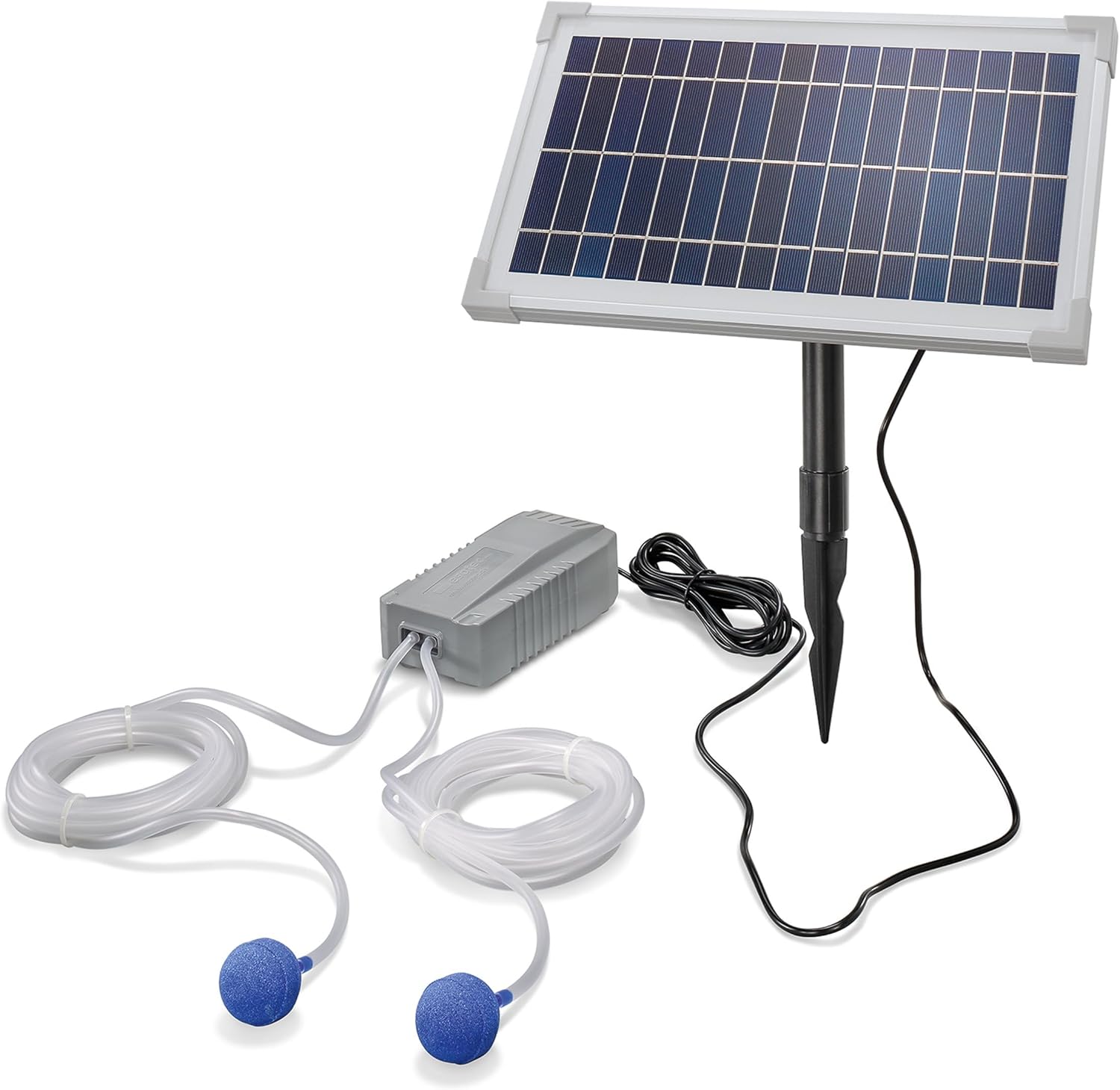 Esotec Solar Teichbelüfter Set 8/200, Sauerstoffpumpe 100 l/h Luftleistung pro Ausgang, Luftschlauch, Luftausströmer, Teichbelüftung, Solarmodul 8W, Erdspieß, 101845