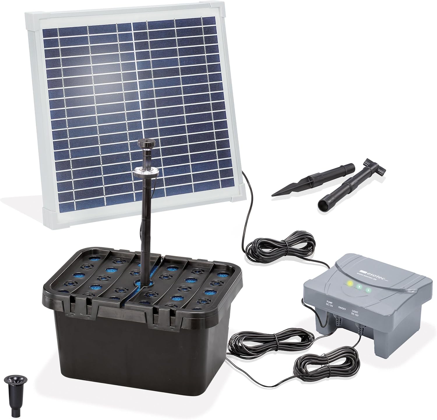 esotec Solar Teichfilterset Profi 15/550 LED, Teichfilter Komplettset mit Pumpe, LiFePo4 Akku, Solarmodul, Teichpumpe außen, mehrstufige Gartenteich Filterung, 100952