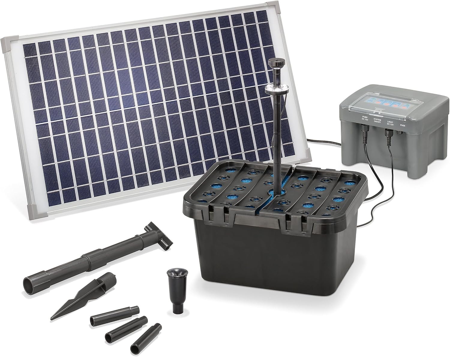 esotec Solar Teichfilterset Profi 25/650 LED proBatt, Teichfilter Komplettset mit Pumpe, BleiGel Akku, Programm-Funktionen, Teichpumpe, 25Wp, Förderhöhe 1,4m, 650l/h, IP68, 101064