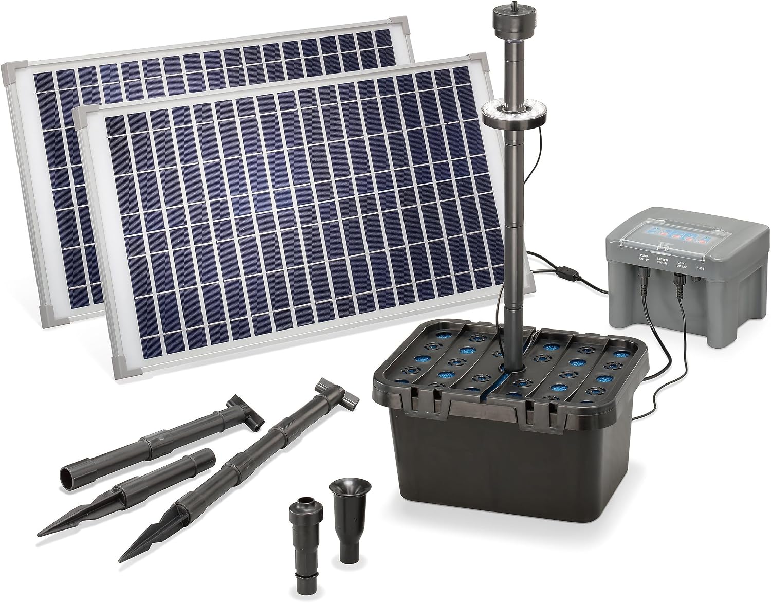 esotec Solar Teichfilterset Profi 50/1300 LED proBatt, Teichfilter Komplettset mit Pumpe, BleiGel Akku, Programmfunktionen, Teichpumpe, 50Wp, Förderhöhe 1,6m, 1300l/h, IP68 101063