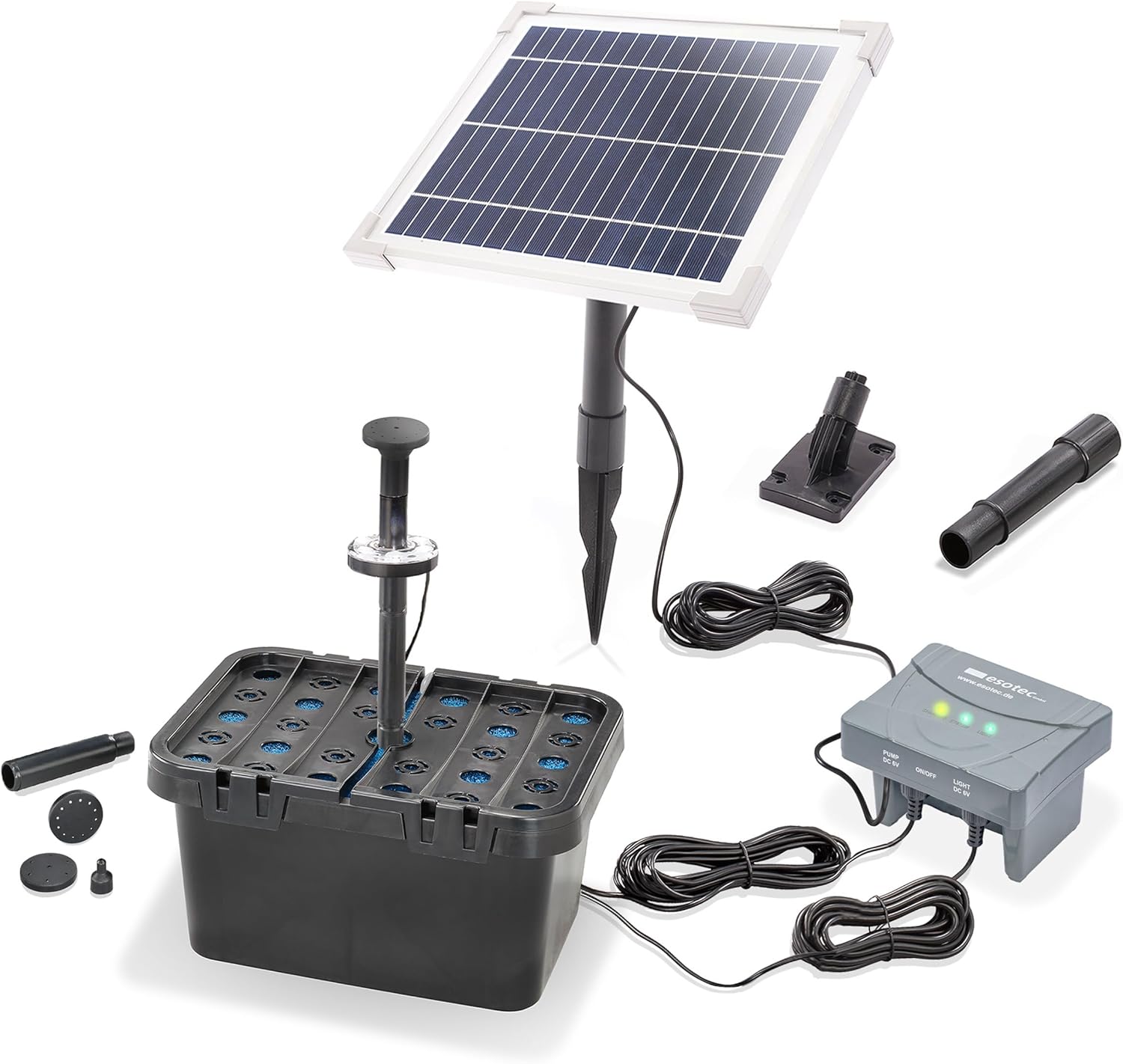 esotec Solar Teichfilterset Profi 6/230 LED, Teichfilter Komplettset, Pumpe, LiFePo4 Akku, Solarmodul, Teichpumpe, mehrstufige Gartenteich Filterung, 100950