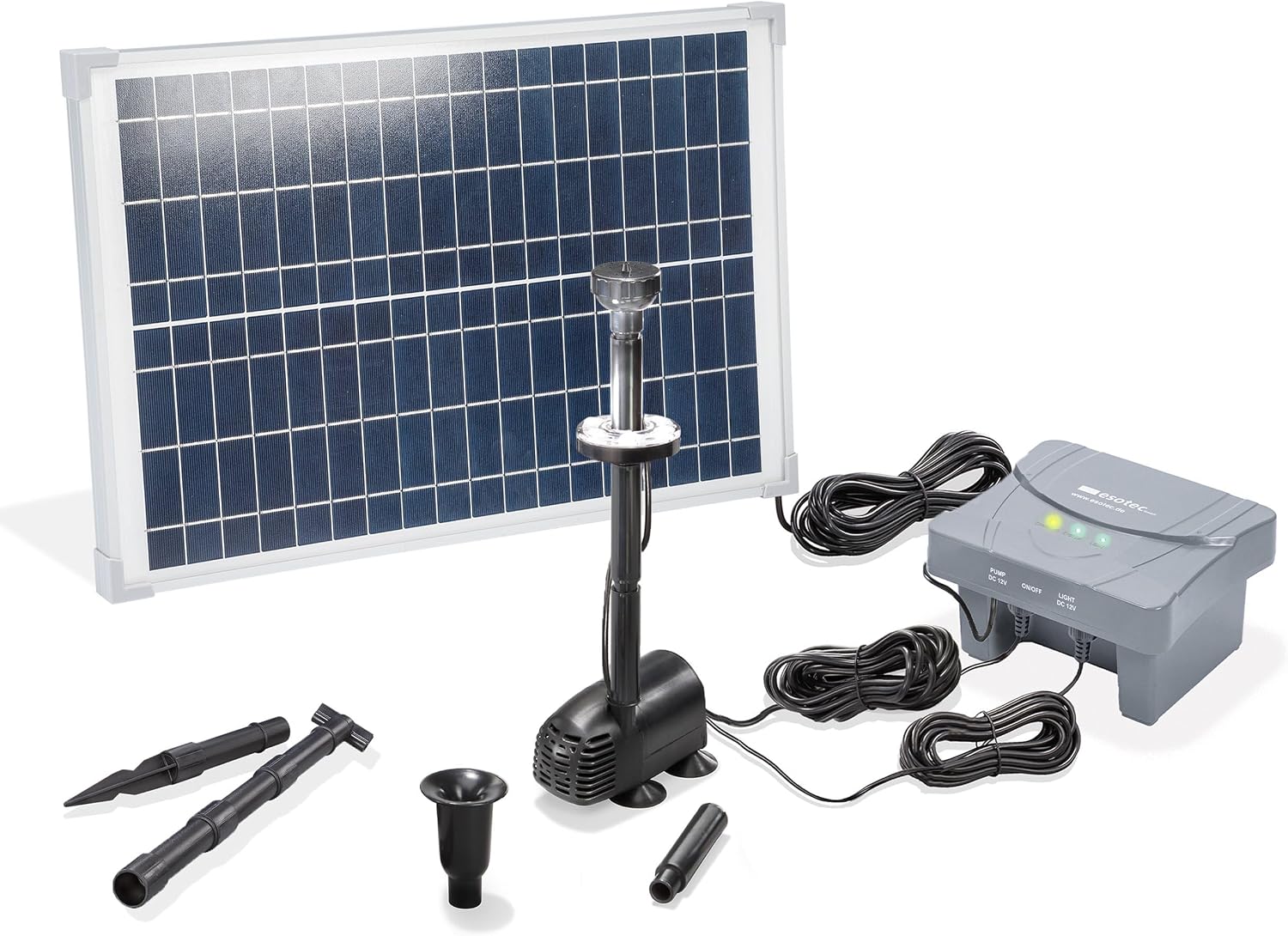 esotec Solar Teichpumpenset 25/700 LED, Teichpumpe mit Filter, außen Sprinklerpumpe 700l/h, LiFePo4 Akku, Solarmodul 25W, Solarbrunnen, Gartenteich Wasserspiel, Springbrunnenpumpe 101024