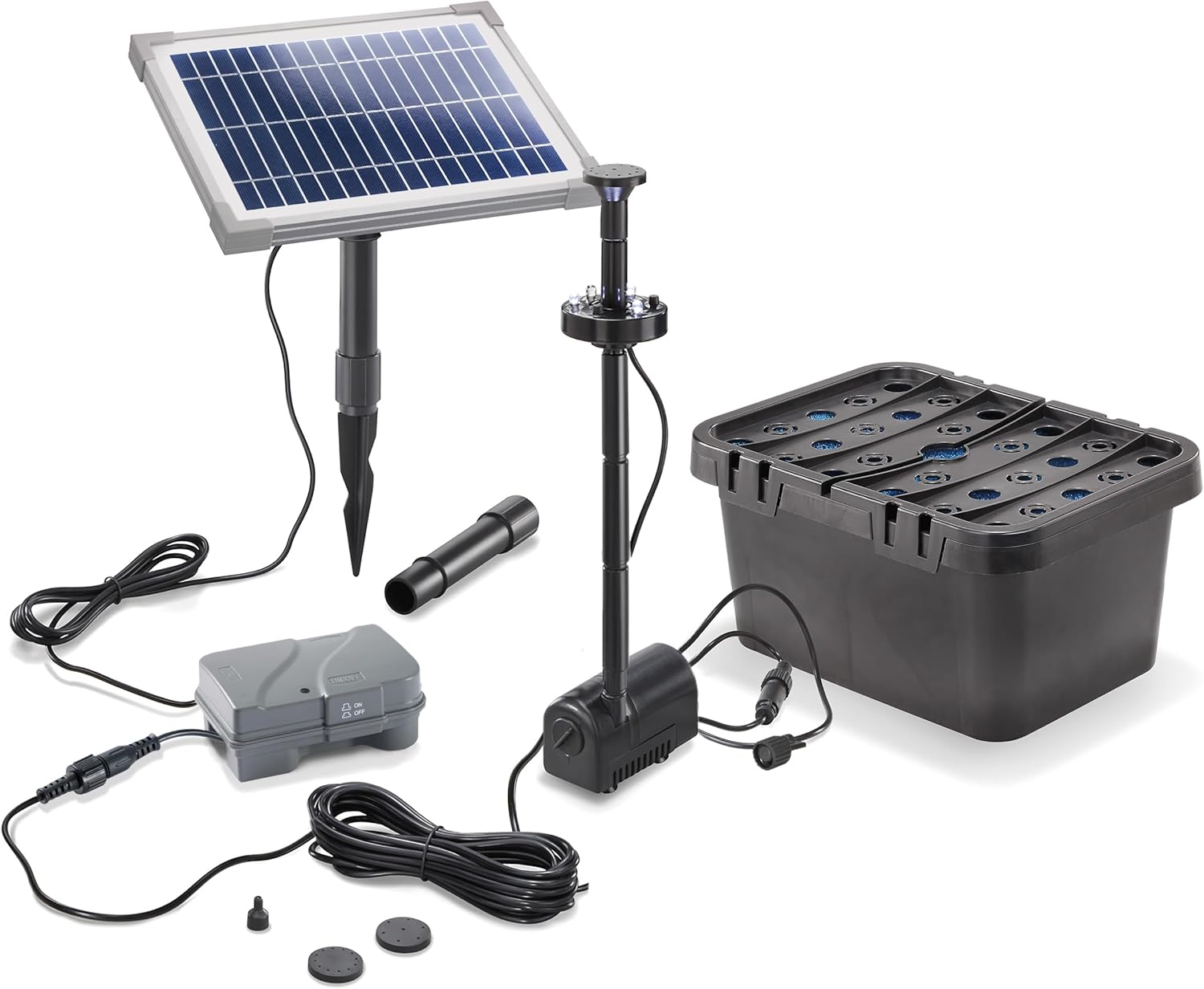 Esotec Solar Unterwasser-Teichfilter Komplettset mit Pumpe Profi 5/160 LED, 1,5Ah LiFePo4 Akku, Solarmodul, Teichfilterbox, Sprinkleraufsätze Filterschwamm 101069