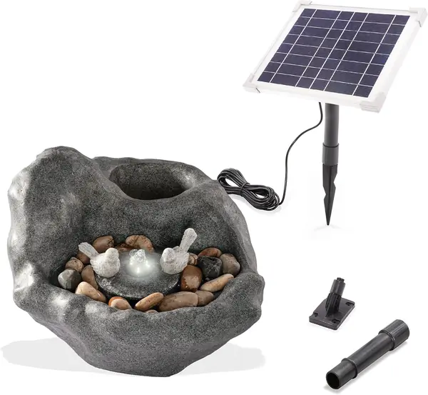 Solar Vogelbadbrunnen mit Akku + LED-Licht + Pumpe