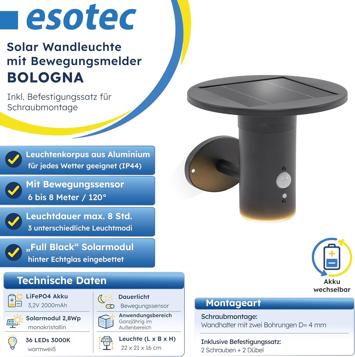 esotec Solar Wandleuchte mit Bewegungsmelder Bologna, Solarleuchte für Außen, 600 lm, 3000K, 3 Modi, LiFePO4 Akku, Außenleuchte 102750 — Ansicht 3