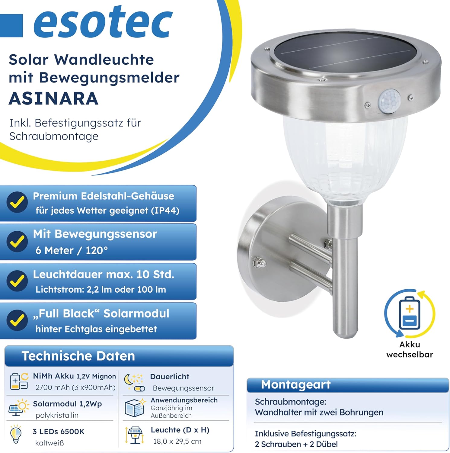 esotec Solar Wandleuchte mit Bewegungsmelder, H=29,5cm, Außenwandleuchte Edelstahl, Wandlampe außen, 100lm Sicherheitslicht, kaltweiß 6500K 102098 — Ansicht 2