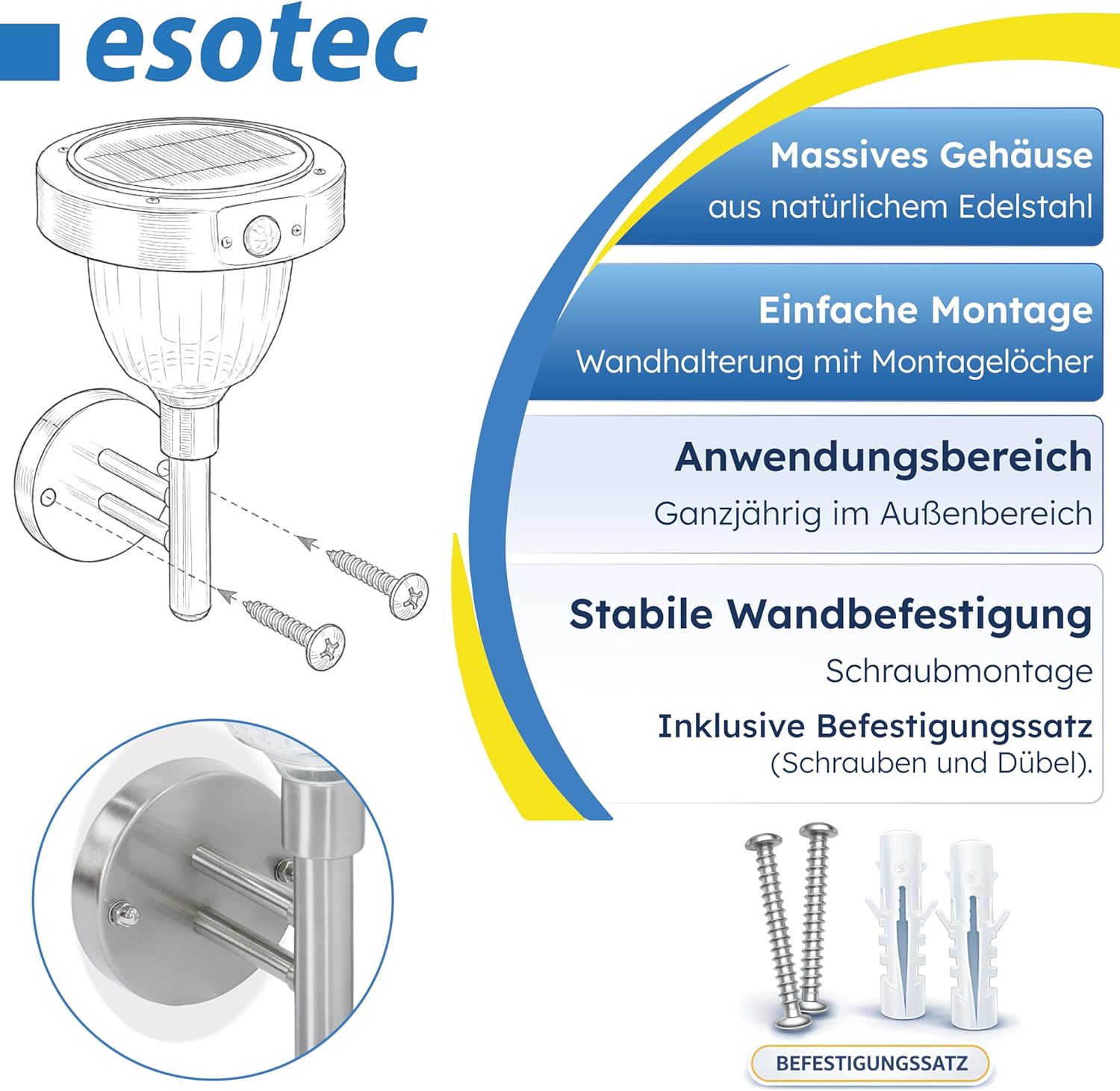 esotec Solar Wandleuchte mit Bewegungsmelder, H=29,5cm, Außenwandleuchte Edelstahl, Wandlampe außen, 100lm Sicherheitslicht, kaltweiß 6500K 102098 — Ansicht 5