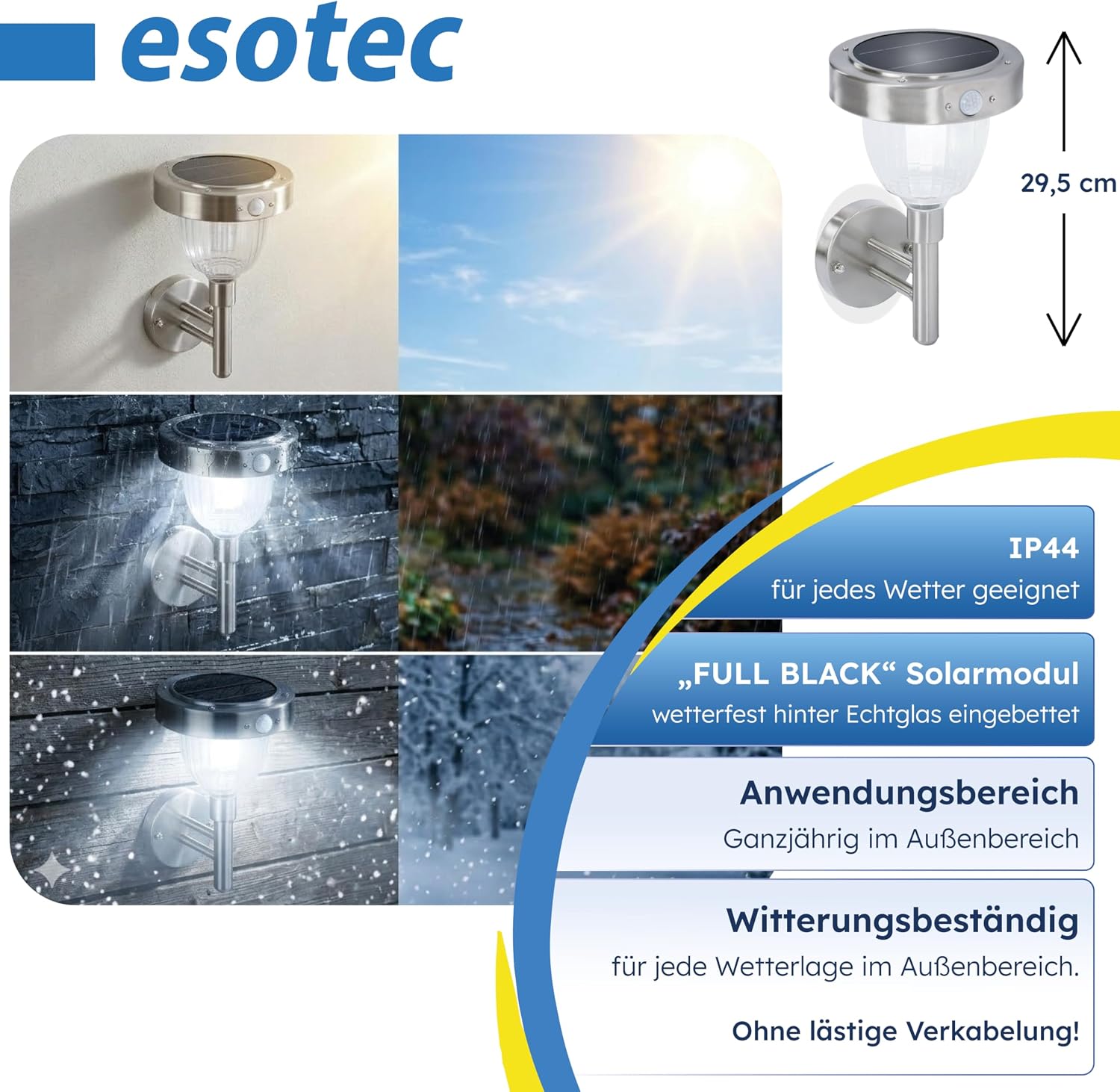 esotec Solar Wandleuchte mit Bewegungsmelder, H=29,5cm, Außenwandleuchte Edelstahl, Wandlampe außen, 100lm Sicherheitslicht, kaltweiß 6500K 102098 — Ansicht 6