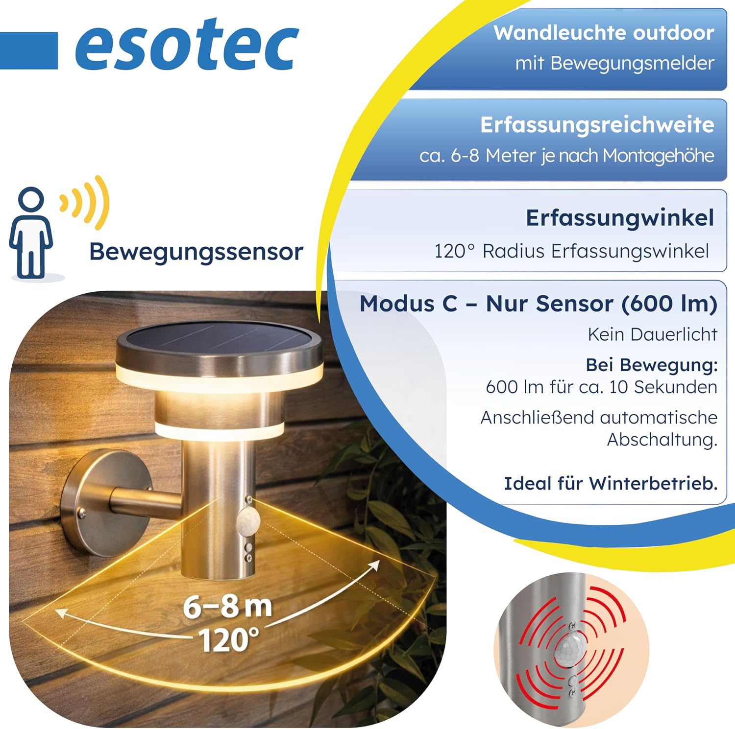 esotec Solar Wandleuchte Modena mit Bewegungssensor, Solarleuchte für Außen Garten, 600 lm, warmweiß 3000K, Edelstahl, IP44, 102753 — Ansicht 4