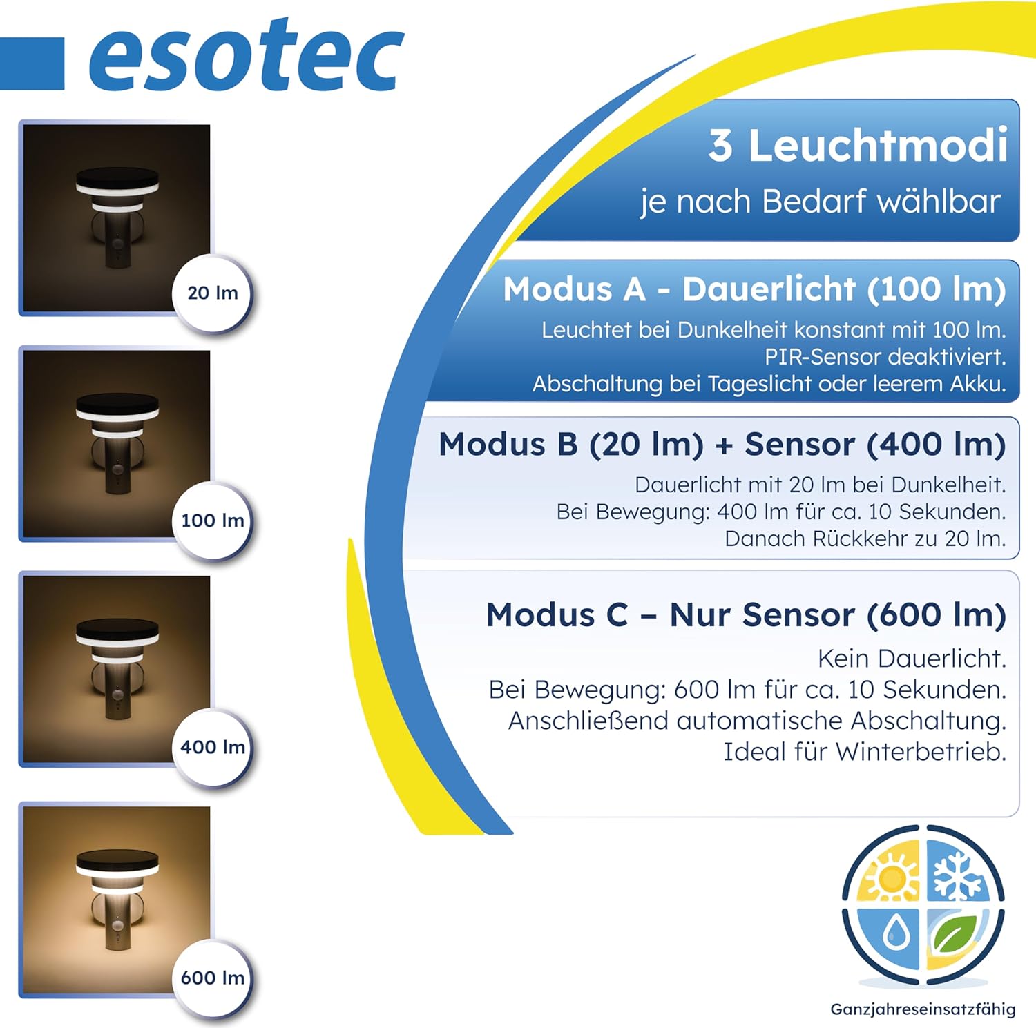 esotec Solar Wandleuchte Modena mit Bewegungssensor, Solarleuchte für Außen Garten, 600 lm, warmweiß 3000K, Edelstahl, IP44, 102753 — Ansicht 5