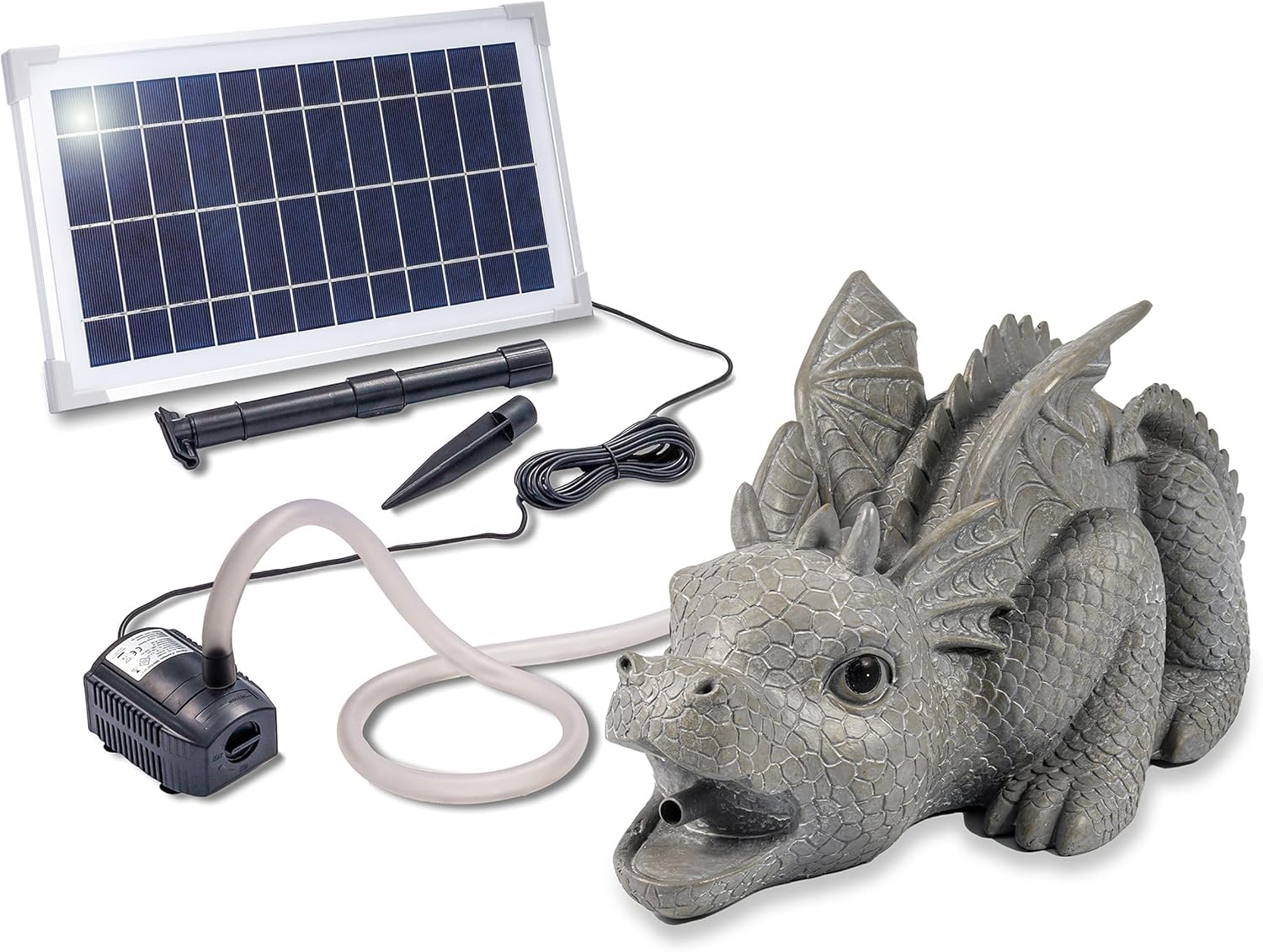 Esotec Solar Wasserspeier Drache Grisu Komplettset, Solar Springbrunnen für Außen, Solarbrunnen mit Solarpumpe 380l/h, 8Wp Solarmodul, 40x21,5x20cm 101655