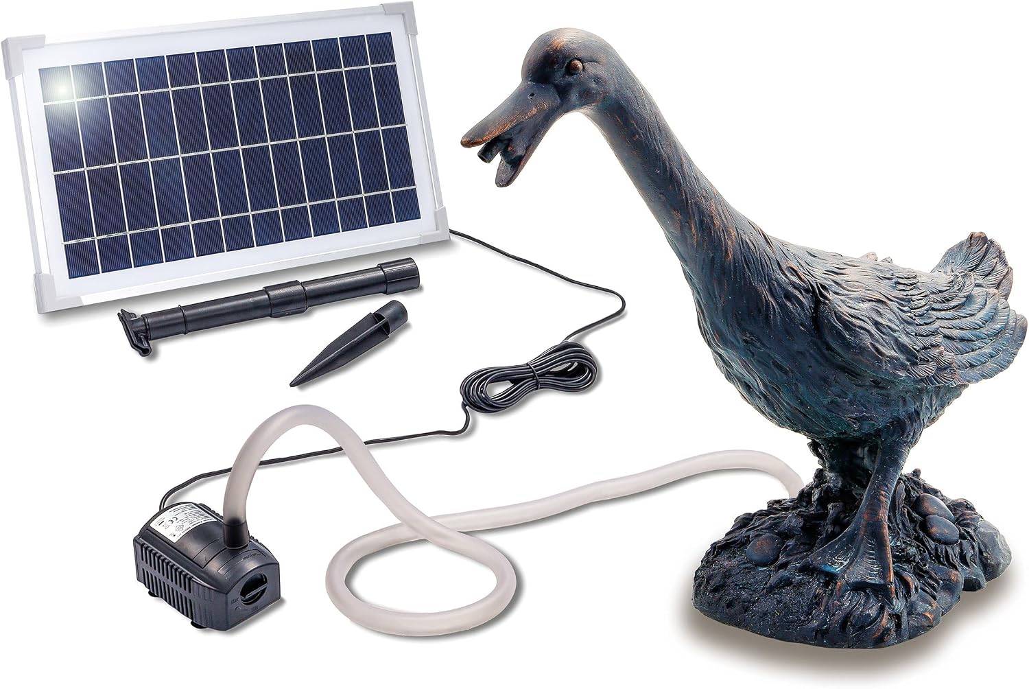 Esotec Solar Wasserspeier Gans Erna Komplettset, Solar Springbrunnen für Außen, Solarbrunnen mit Solarpumpe 380l/h, Solarmodul 8Wp, Gartenfigur 48x20x42cm 101651